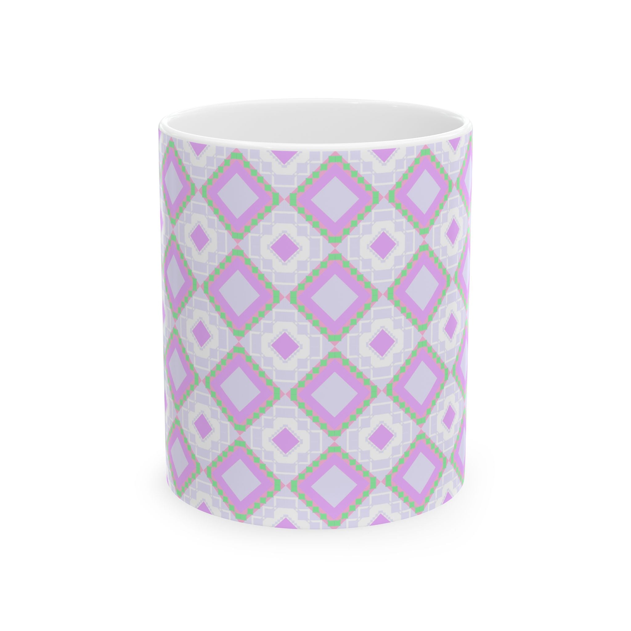 Pastel Geometric Ceramic Mug — Lavender Diamond Pattern (11oz, 15oz)