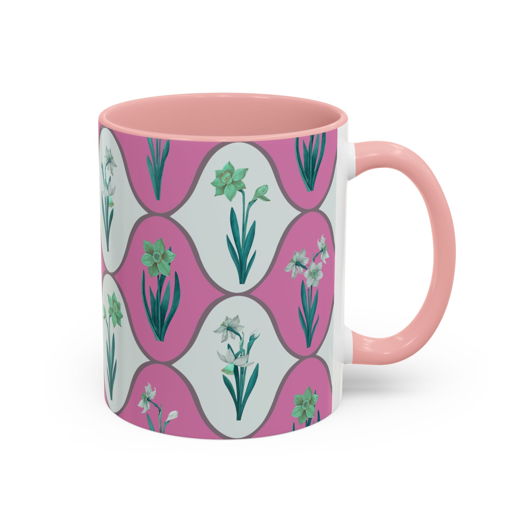 Floral Wave Accent Coffee Mug – Pink Retro Daffodil Pattern (11/15oz)