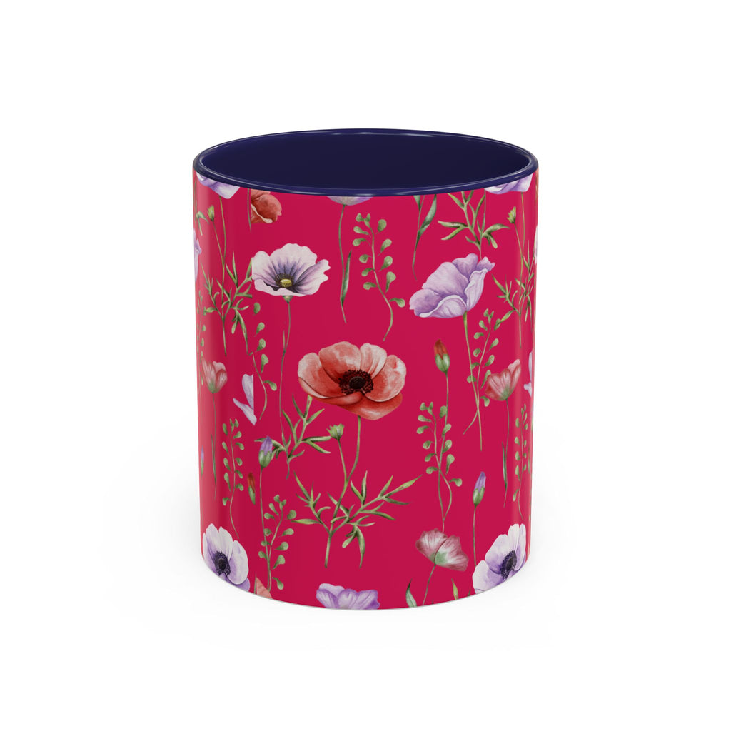 Floral Poppy Accent Coffee Mug — Red Botanical Pattern (11/15 oz)