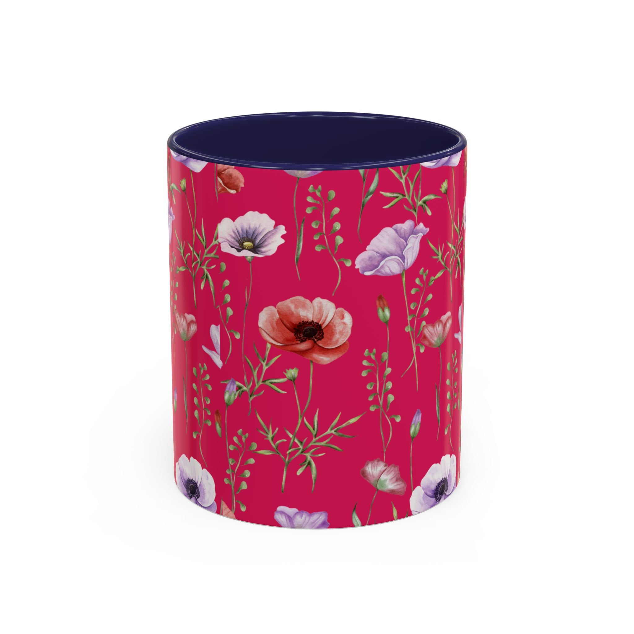 Floral Poppy Accent Coffee Mug — Red Botanical Pattern (11/15 oz)