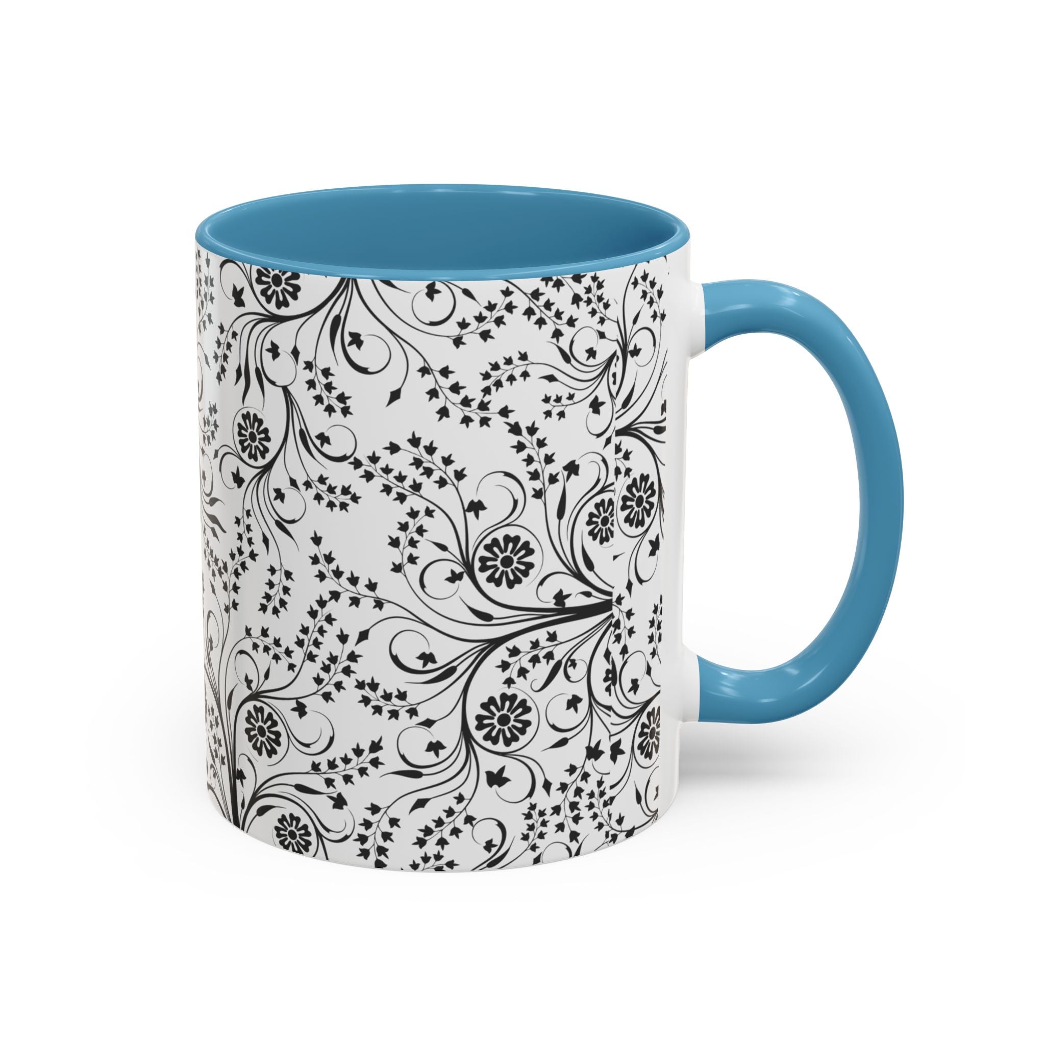 Black Floral Accent Coffee Mug — Elegant Swirl Pattern (11/15oz)