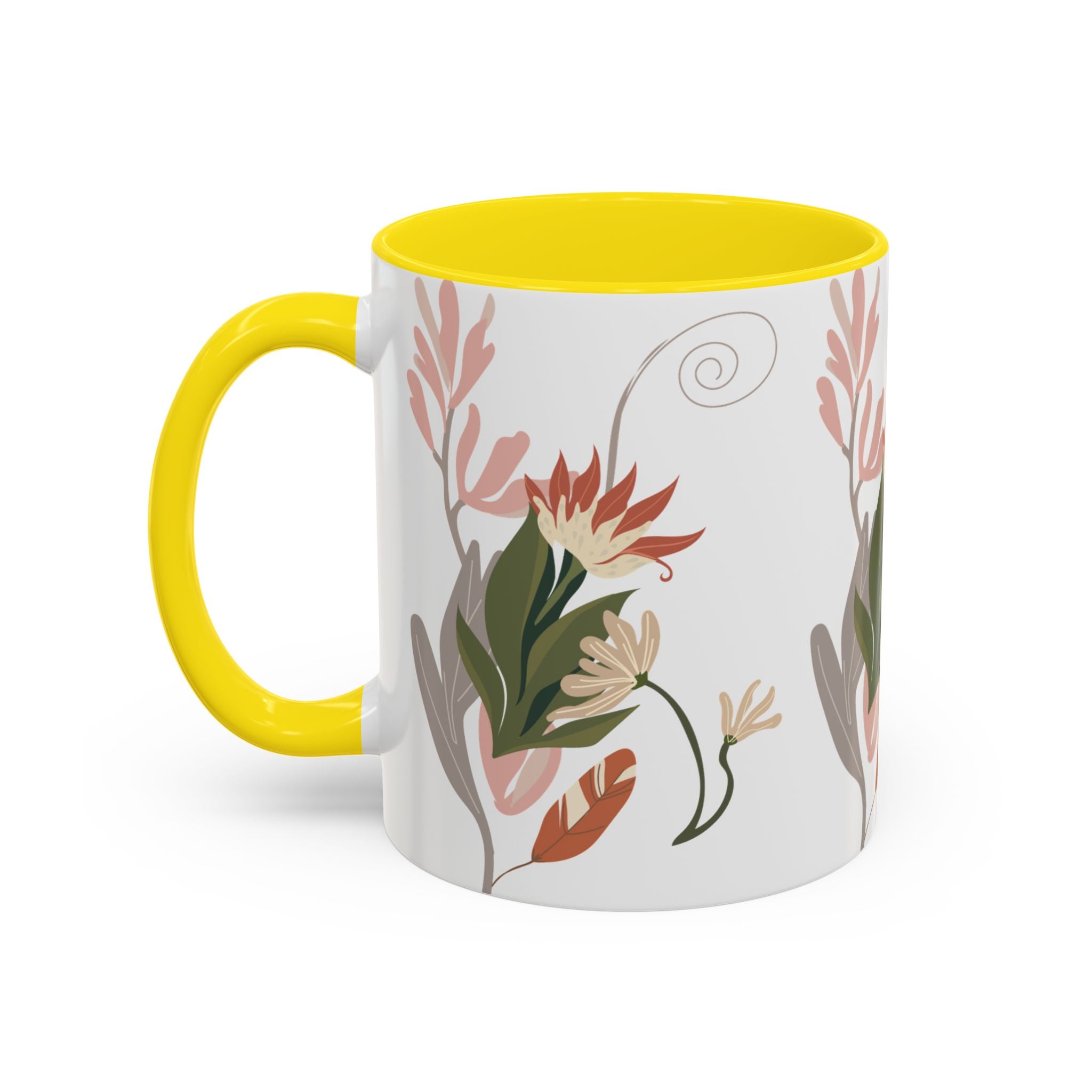 Floral Accent Coffee Mug – Botanical Pink & Green Pattern (11/15oz)