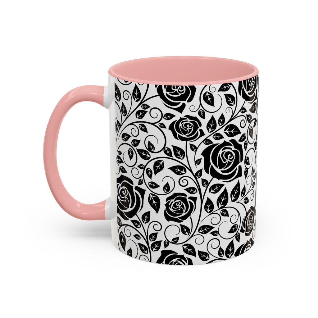 Black Rose Pattern Accent Coffee Mug — 11/15oz Ceramic Gift