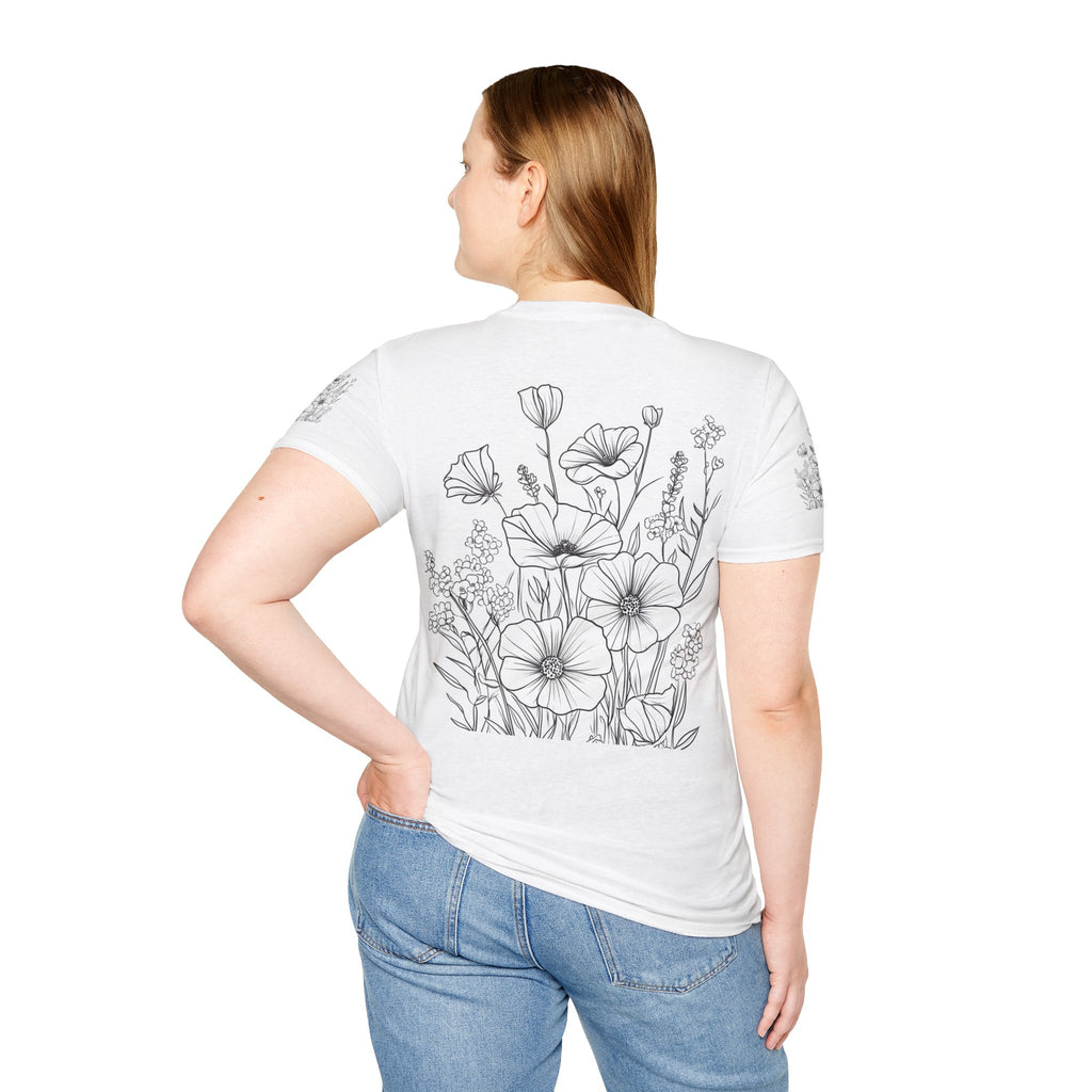 Floral Line Art T-Shirt — Botanical Poppy Sketch Tee