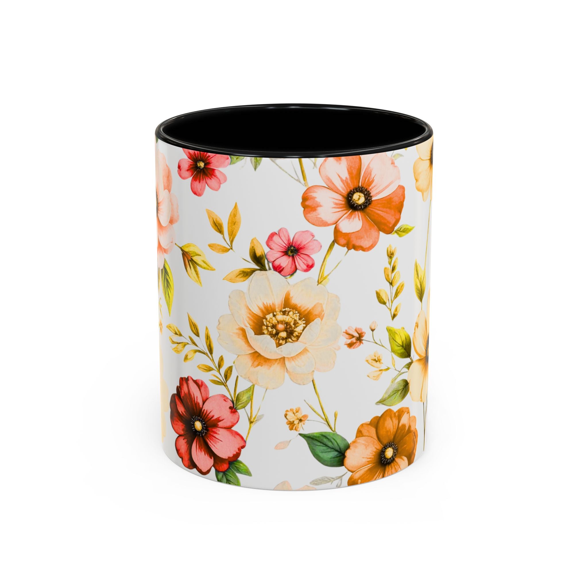 Floral Accent Coffee Mug — Vintage Watercolor Orange & Peach Flower Design