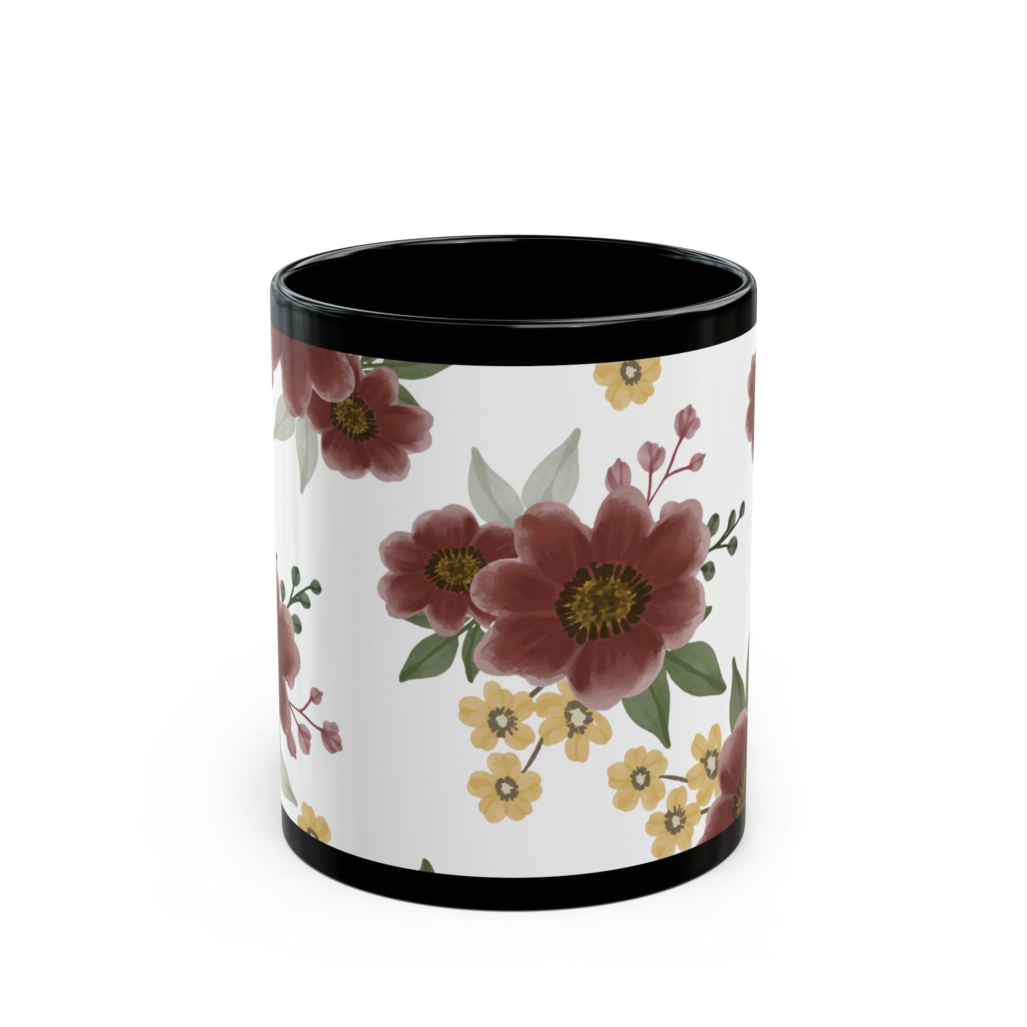 Floral Pattern Black Mug – Pink & Yellow Garden Flowers (11oz/15oz)