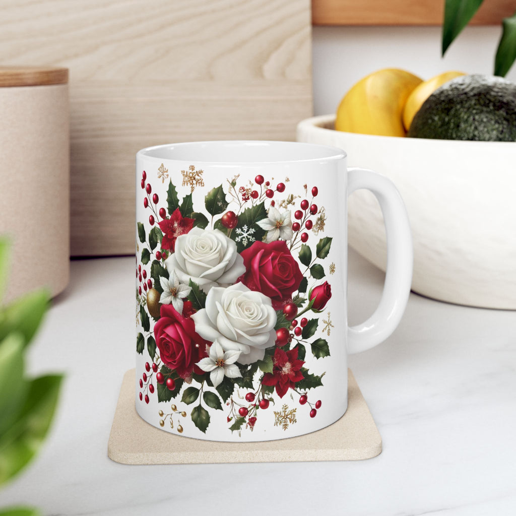 Holiday Floral Mug — Red & White Rose Christmas Coffee Cup (11oz, 15oz)