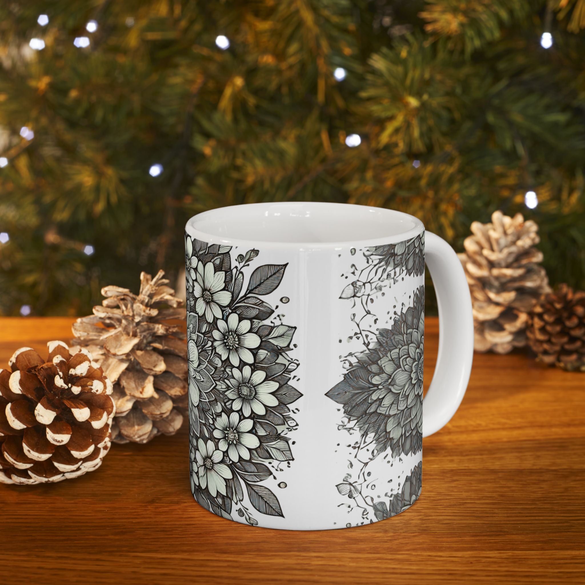 Floral Mandala Ceramic Mug — Green Succulent Pattern (11oz & 15oz)