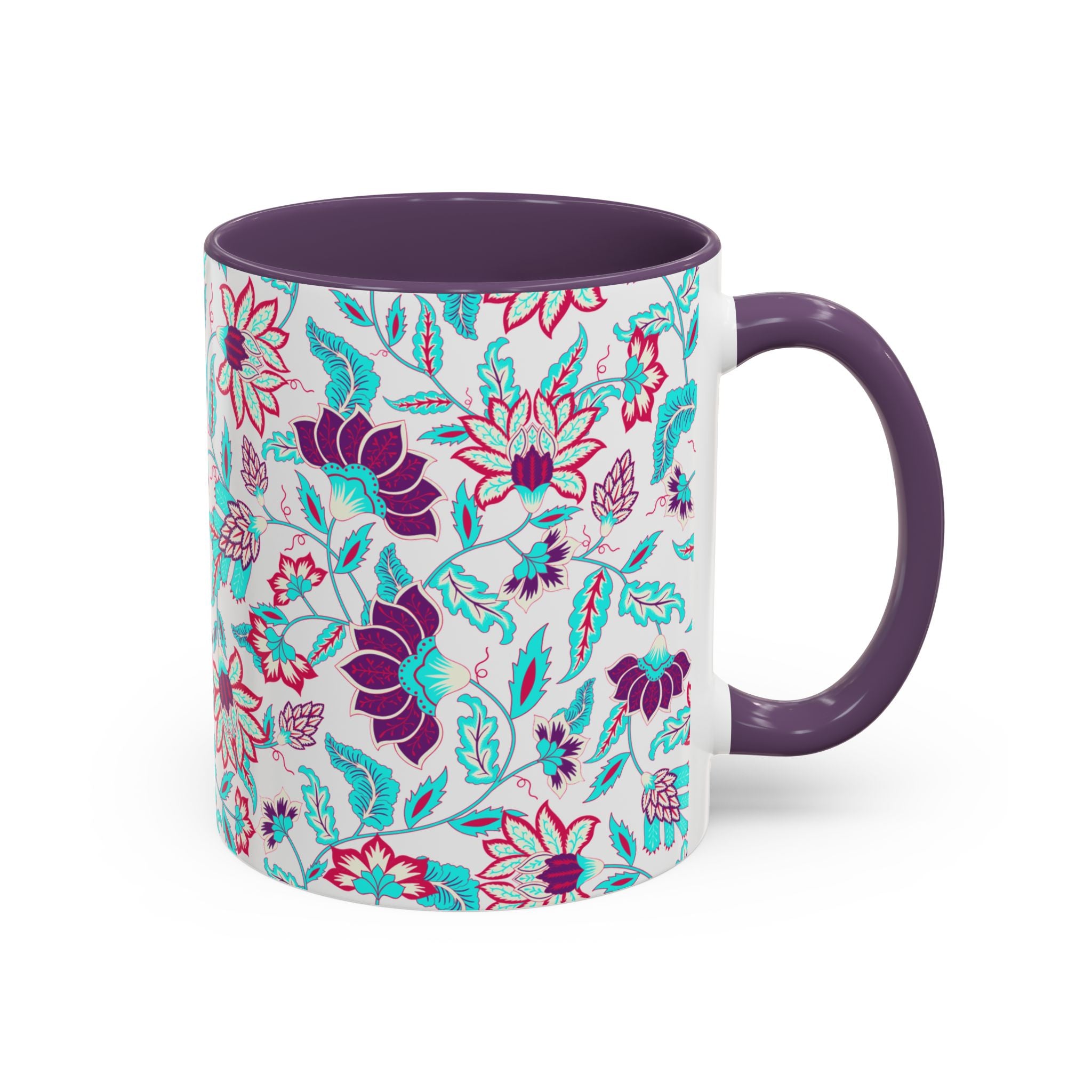Floral Accent Coffee Mug – Teal & Magenta Patterned Ceramic Mug (11/15oz)