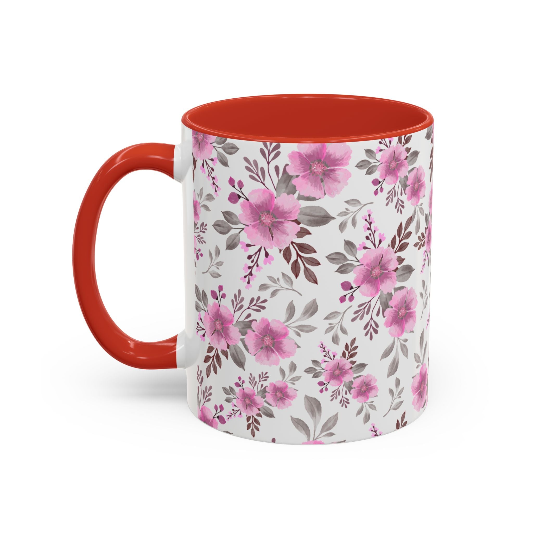 Pink Floral Accent Coffee Mug — Ceramic Rose Pattern 11/15oz