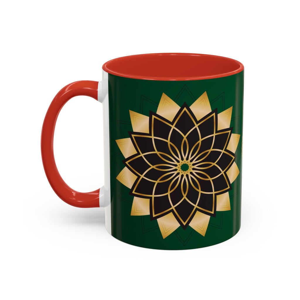 Gold Mandala Accent Coffee Mug — Elegant Green & Black Ceramic 11/15oz
