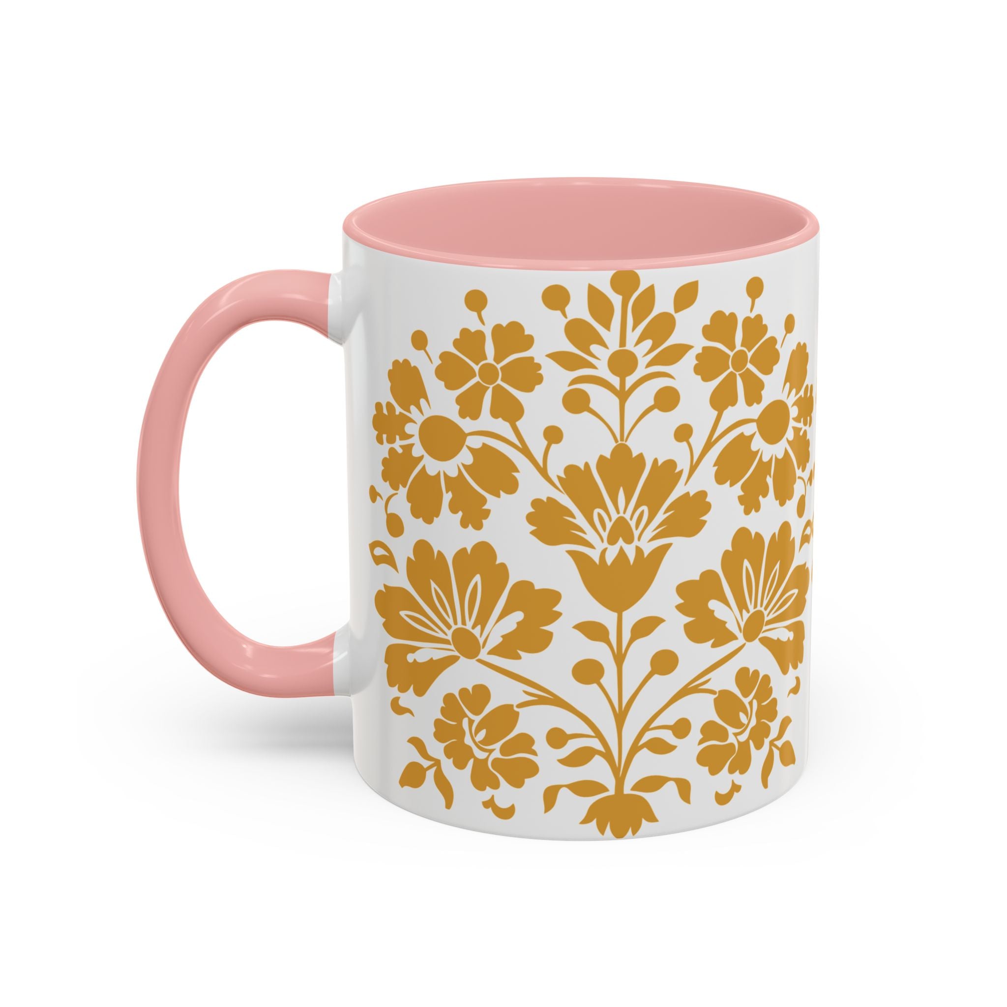 Gold Floral Accent Coffee Mug — Elegant Damask 11/15oz Ceramic