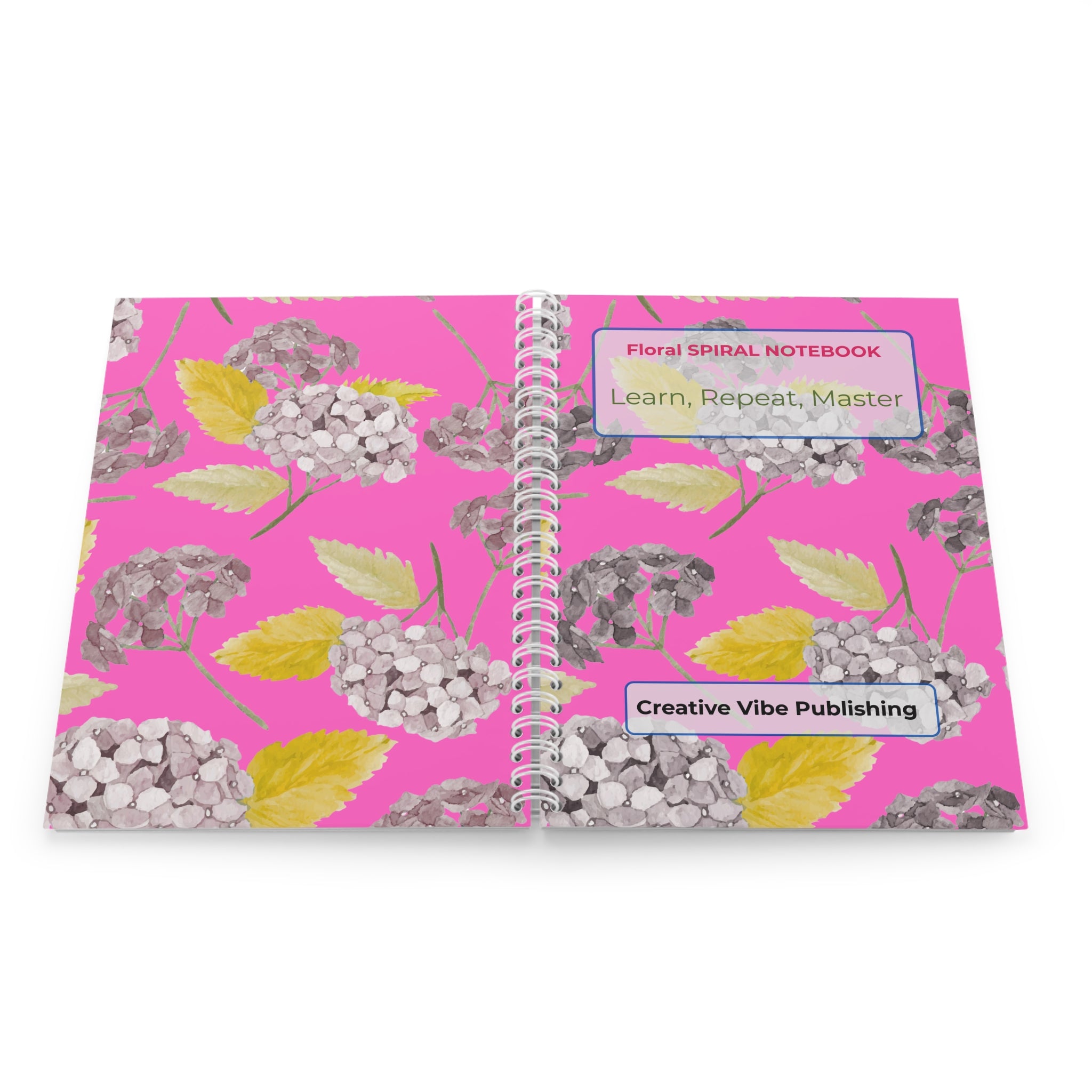 Floral Spiral Notebook — Pink Hydrangea Journal with ‘Learn, Repeat, Master’ Motivational Cover
