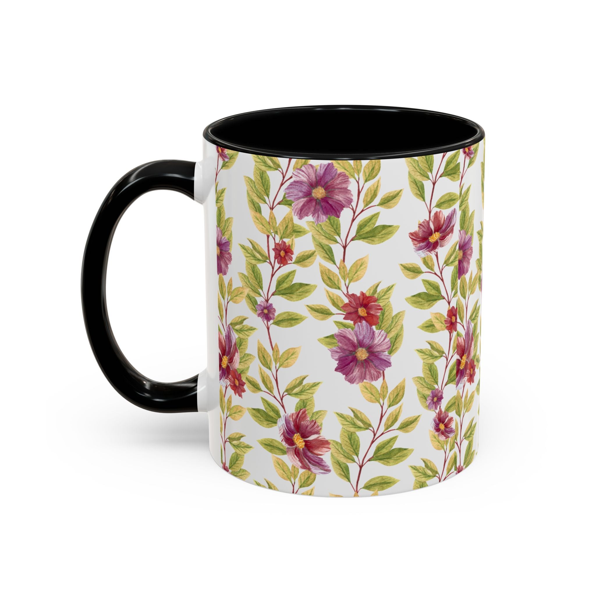 Floral Vine Accent Coffee Mug — Purple Watercolor Blossoms (11/15oz)