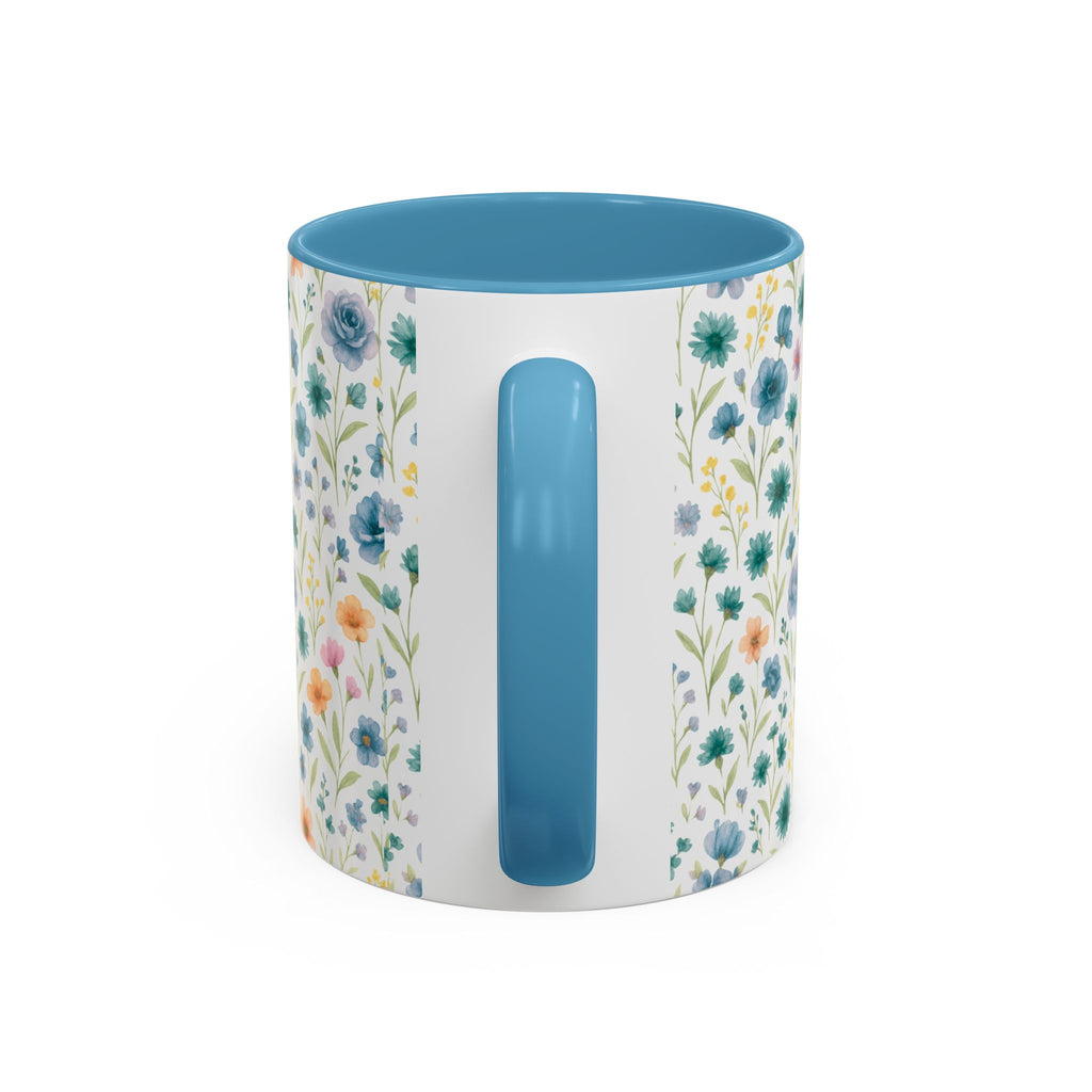 Floral Watercolor Accent Coffee Mug — Blue & Peach Wildflower Pattern (11/15oz)