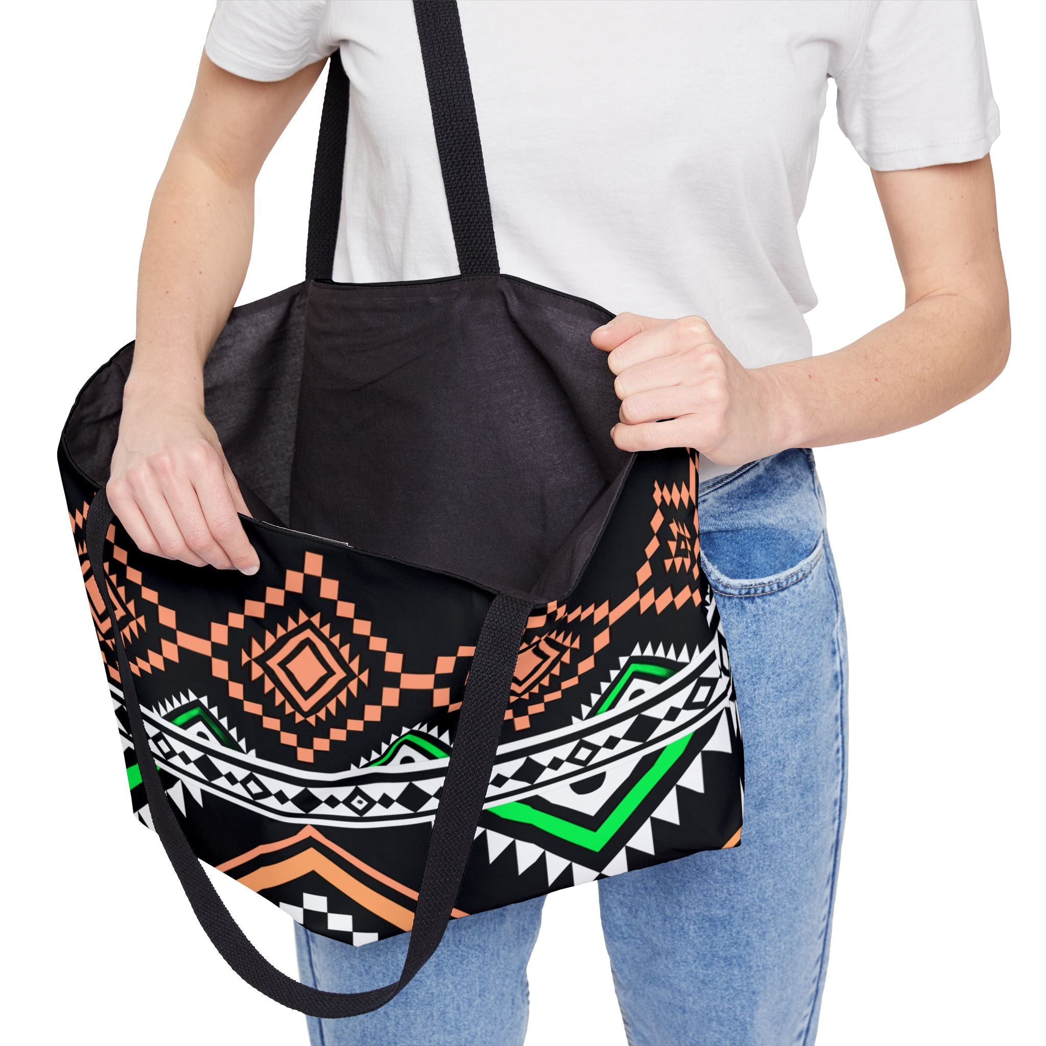 Aztec Geo Weekender Tote Bag — Black & Neon Tribal Beach Bag