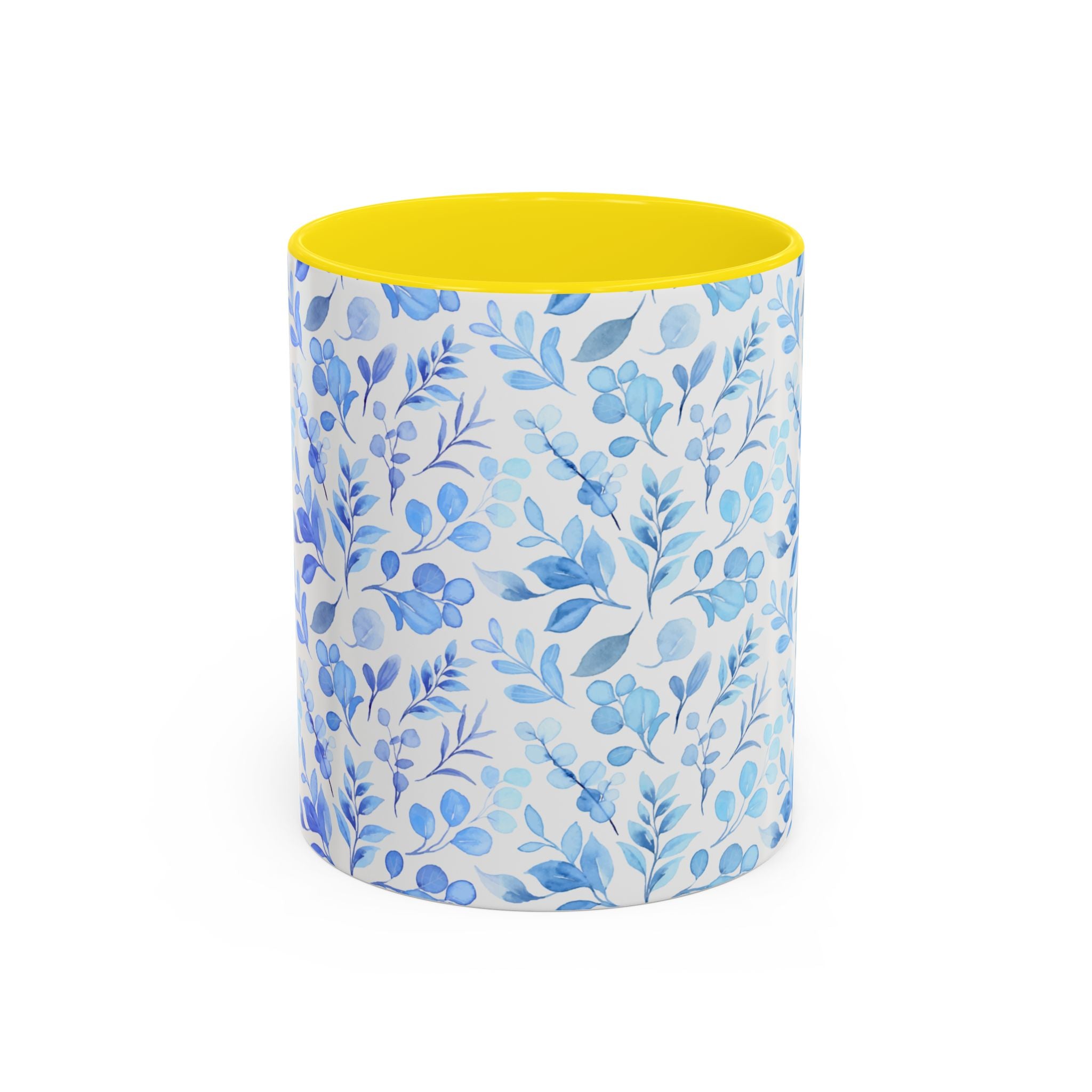 Blue Watercolor Floral Coffee Mug — Accent Handle & Interior