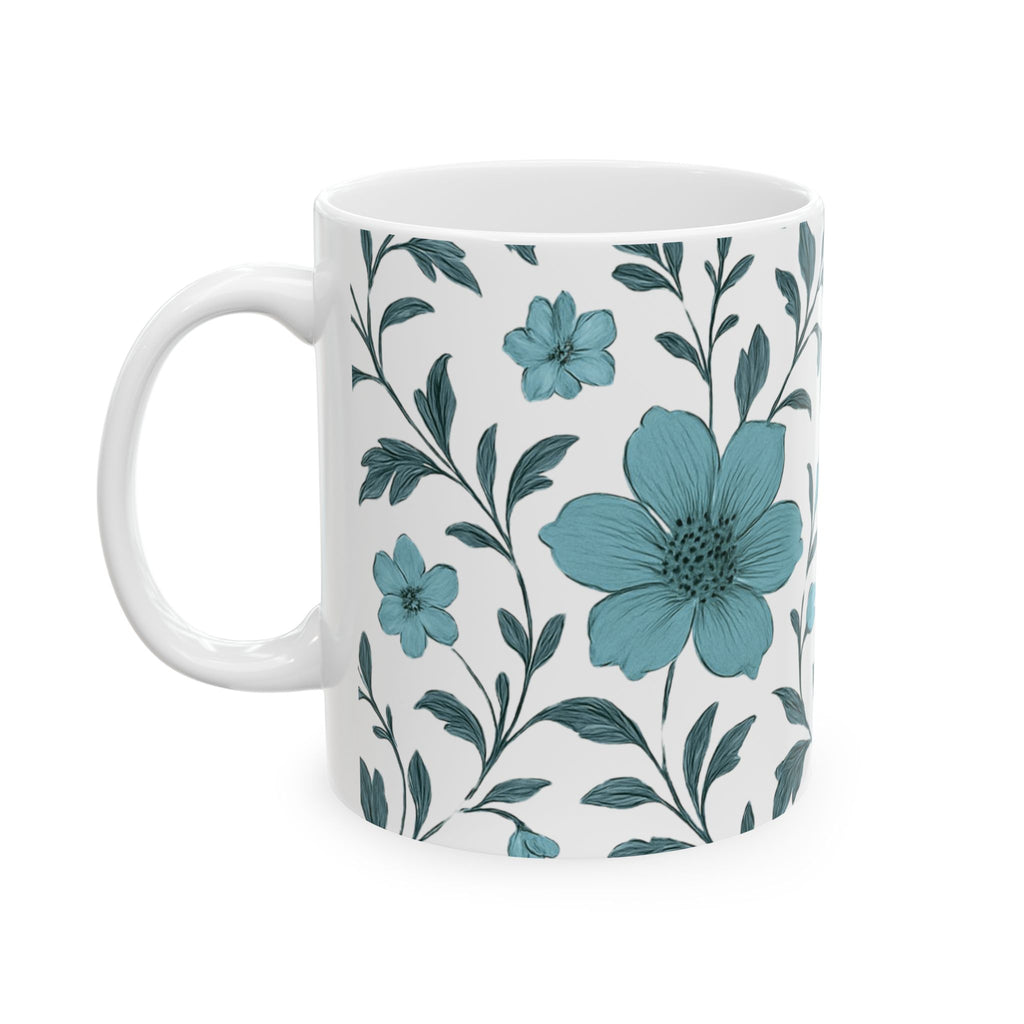 Floral Blue Ceramic Mug — Teal Botanical Coffee Cup (11oz & 15oz)