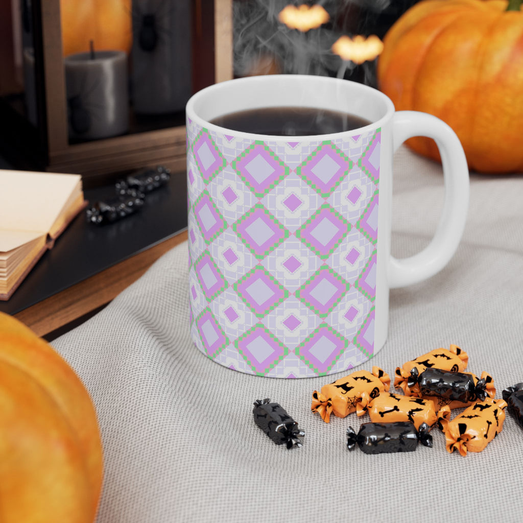 Pastel Geometric Ceramic Mug — Lavender Diamond Pattern (11oz, 15oz)