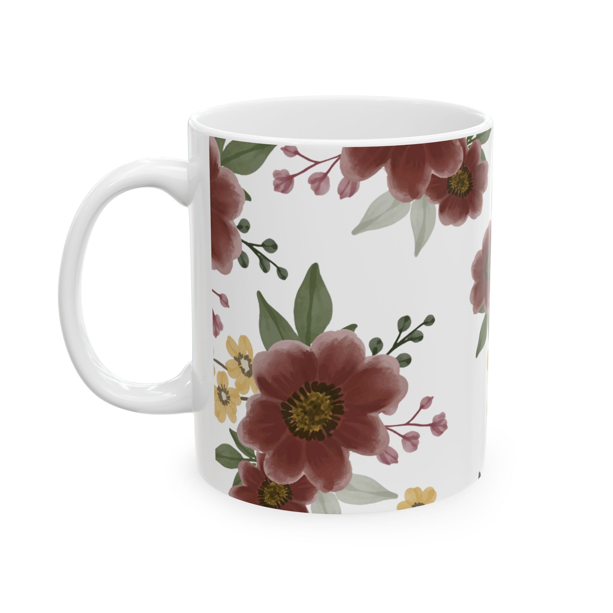 Floral Ceramic Mug – Burgundy & Mustard Wildflower Pattern (11oz & 15oz)