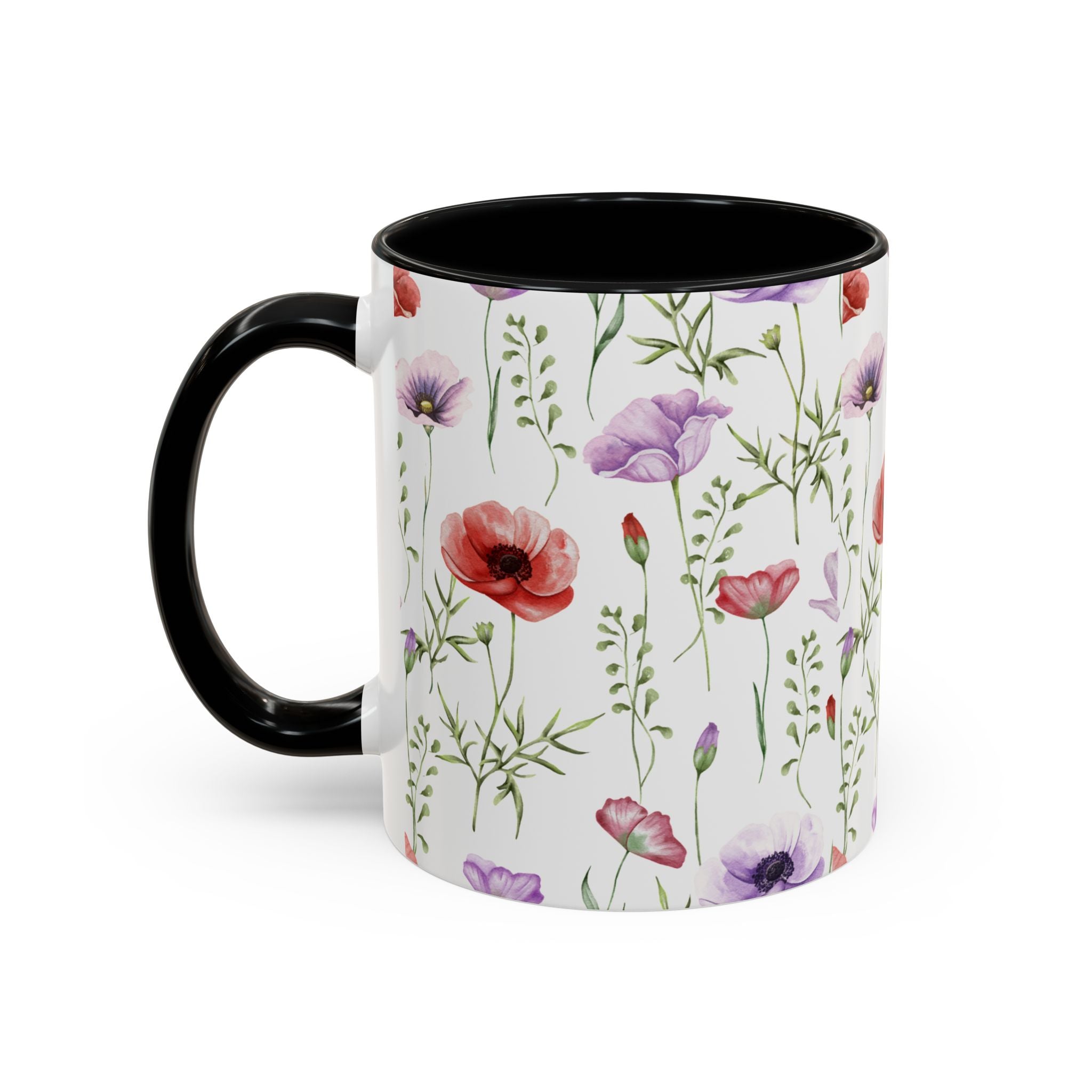 Floral Watercolor Accent Coffee Mug — Poppy & Wildflower Pattern (11/15oz)