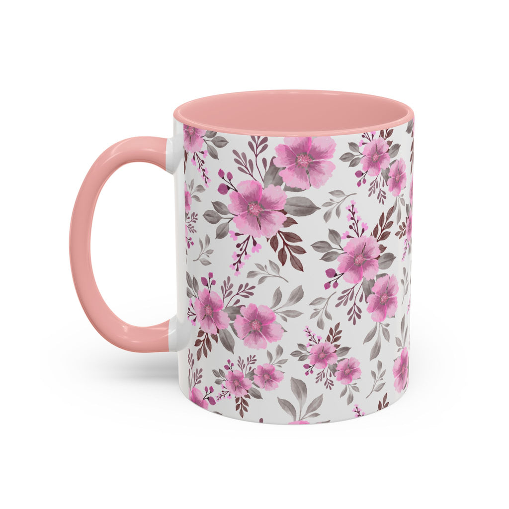 Pink Floral Accent Coffee Mug — Ceramic Rose Pattern 11/15oz