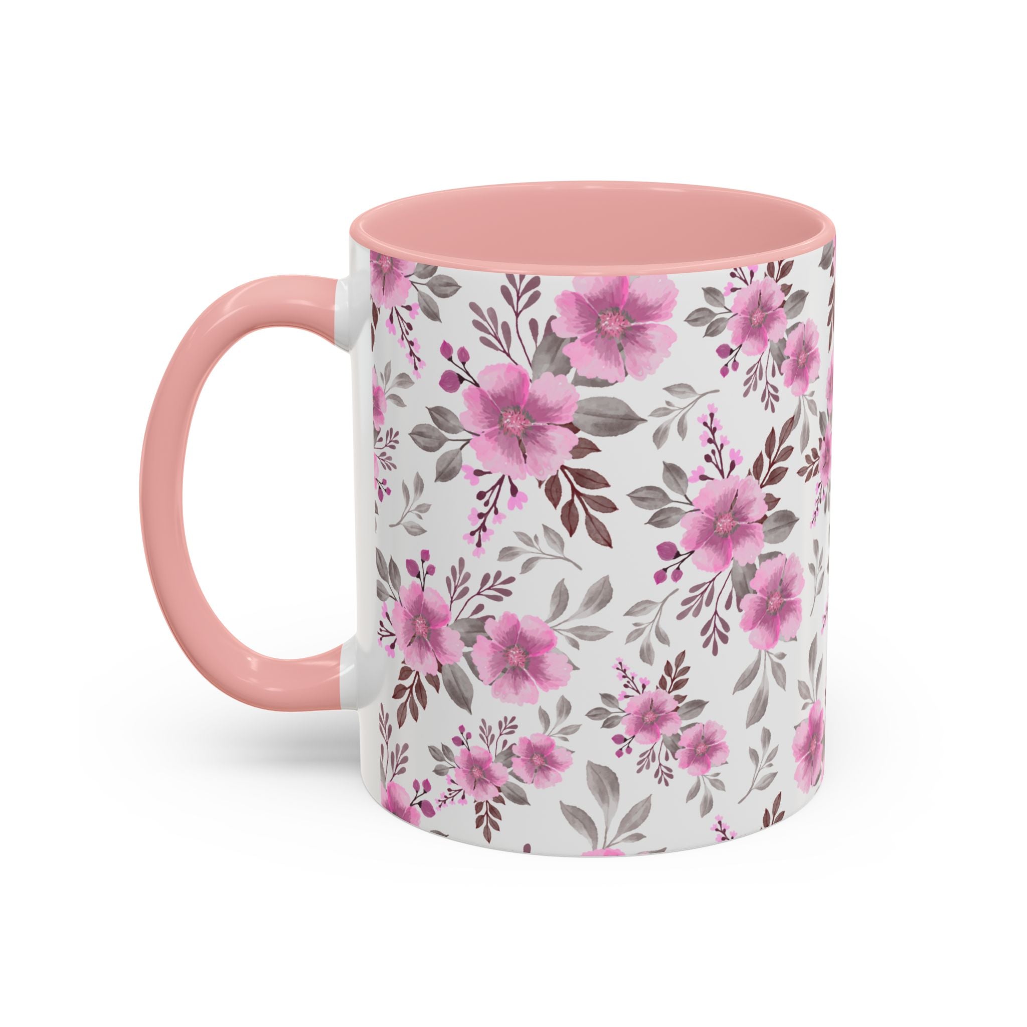 Pink Floral Accent Coffee Mug — Ceramic Rose Pattern 11/15oz