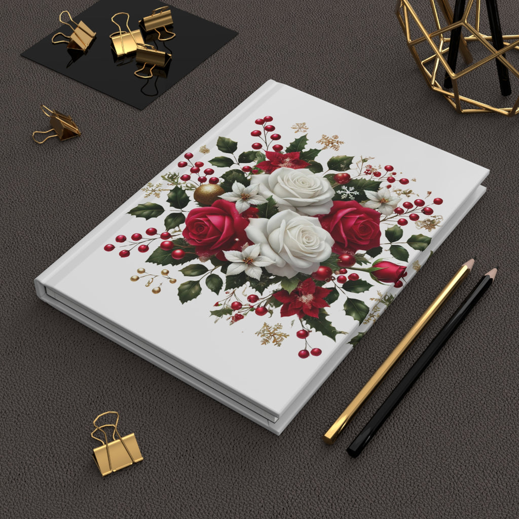 Christmas Rose Bouquet Hardcover Journal — Festive Red & White Floral Notebook
