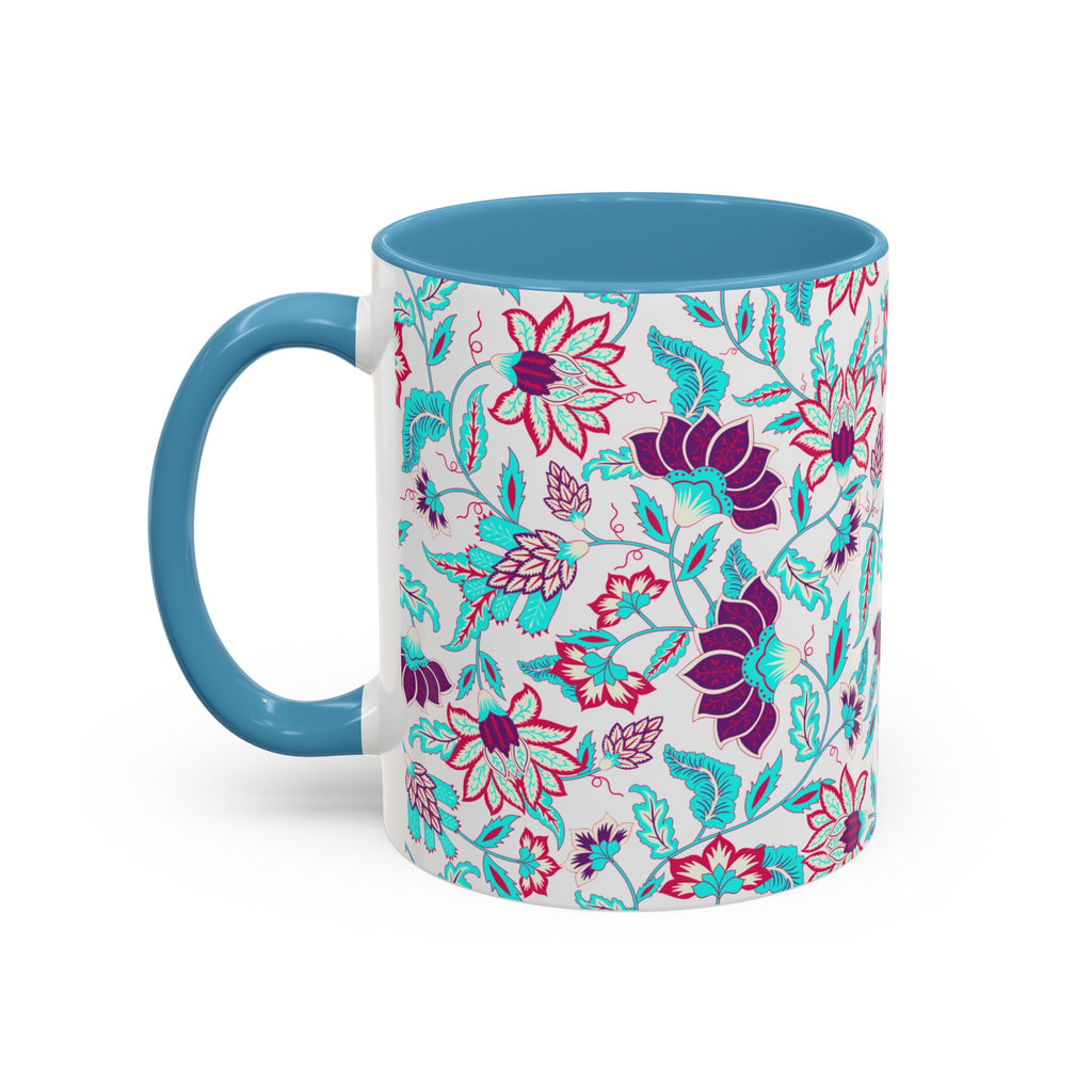 Floral Accent Coffee Mug – Teal & Magenta Patterned Ceramic Mug (11/15oz)