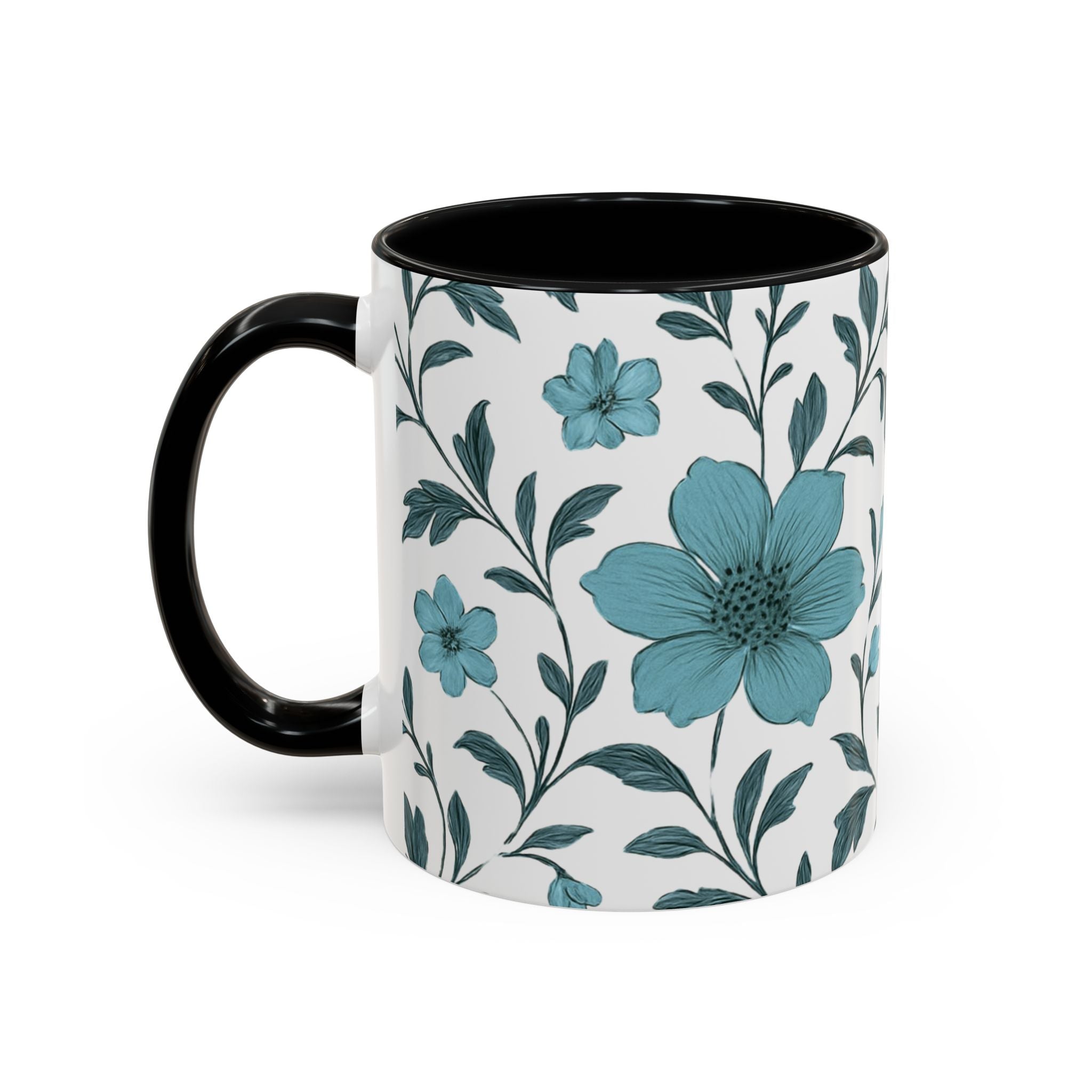 Teal Floral Accent Coffee Mug (11/15oz) – Ceramic Tea & Coffee Cup