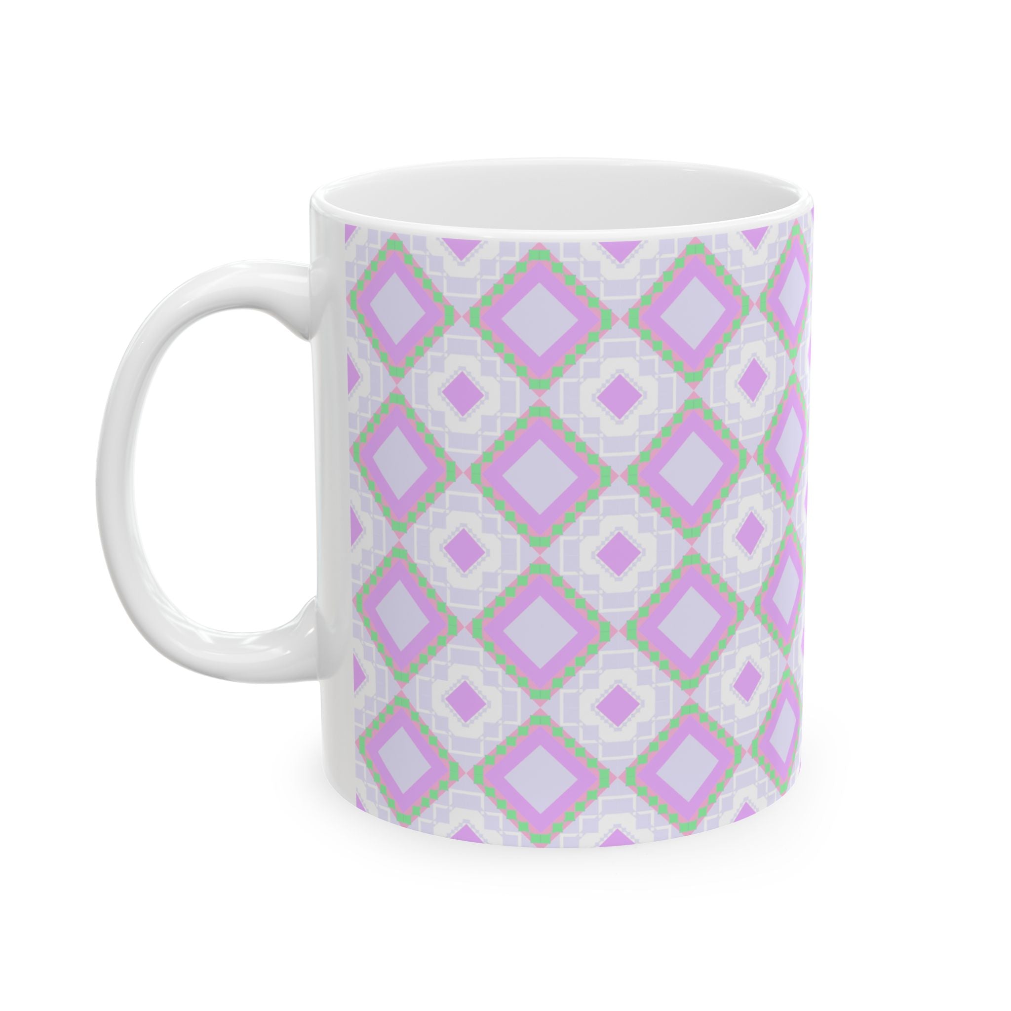 Pastel Geometric Ceramic Mug — Lavender Diamond Pattern (11oz, 15oz)