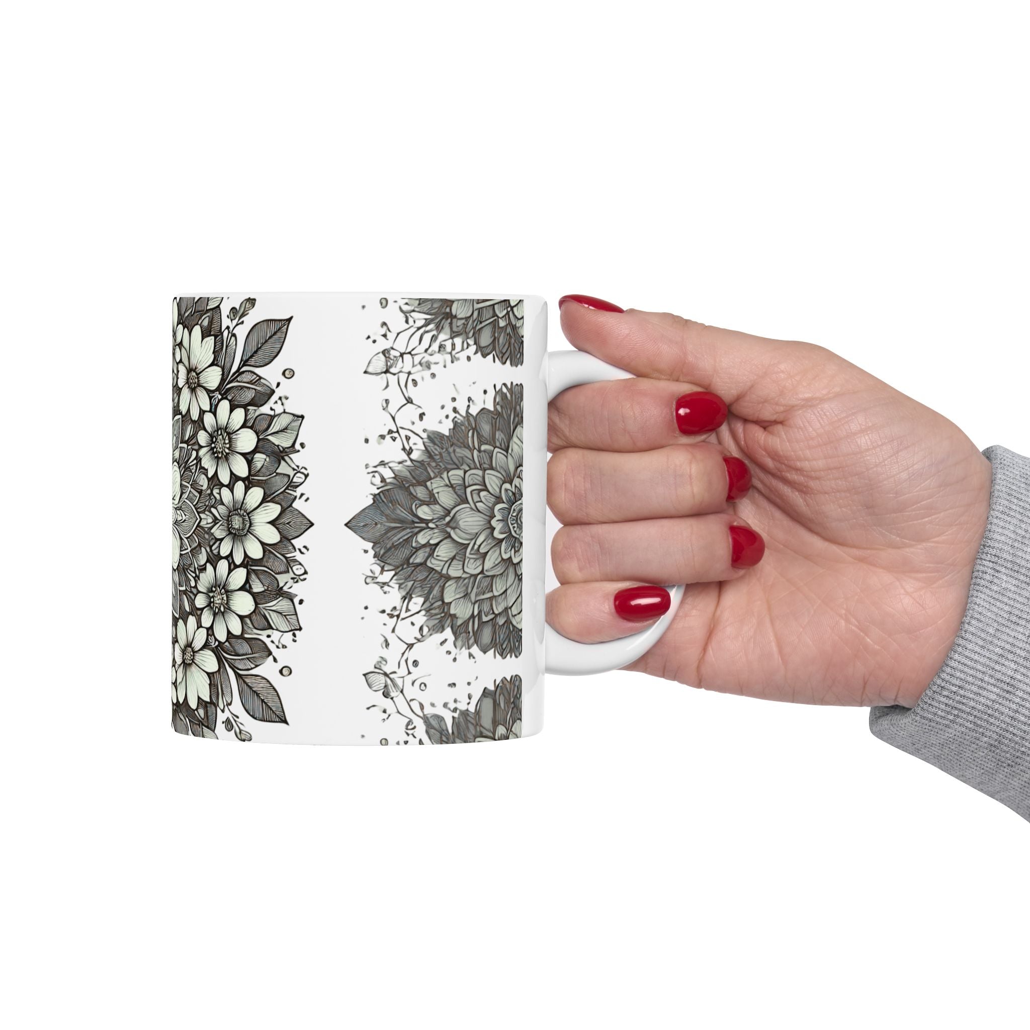 Floral Mandala Ceramic Mug — Green Succulent Pattern (11oz & 15oz)