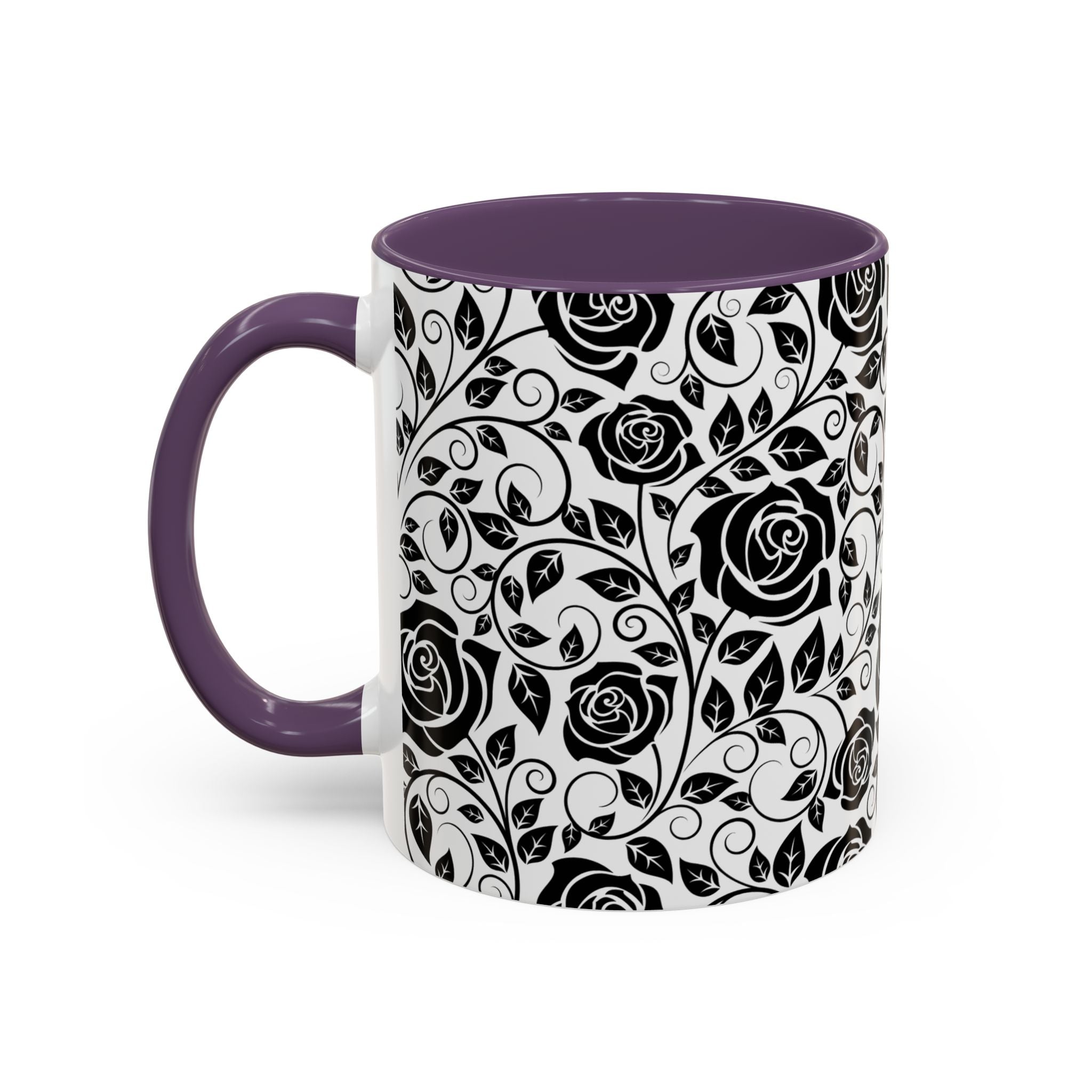 Black Rose Pattern Accent Coffee Mug — 11/15oz Ceramic Gift