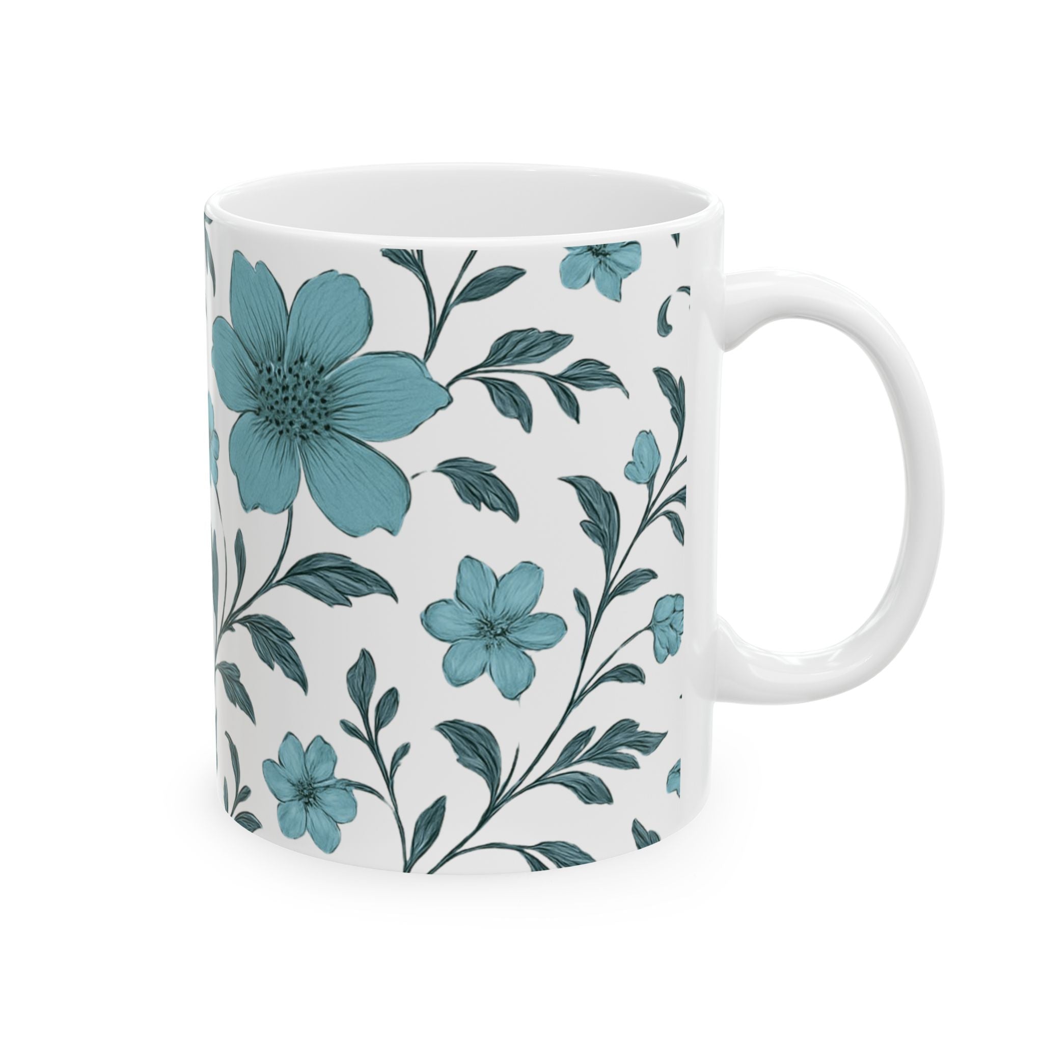 Floral Blue Ceramic Mug — Teal Botanical Coffee Cup (11oz & 15oz)