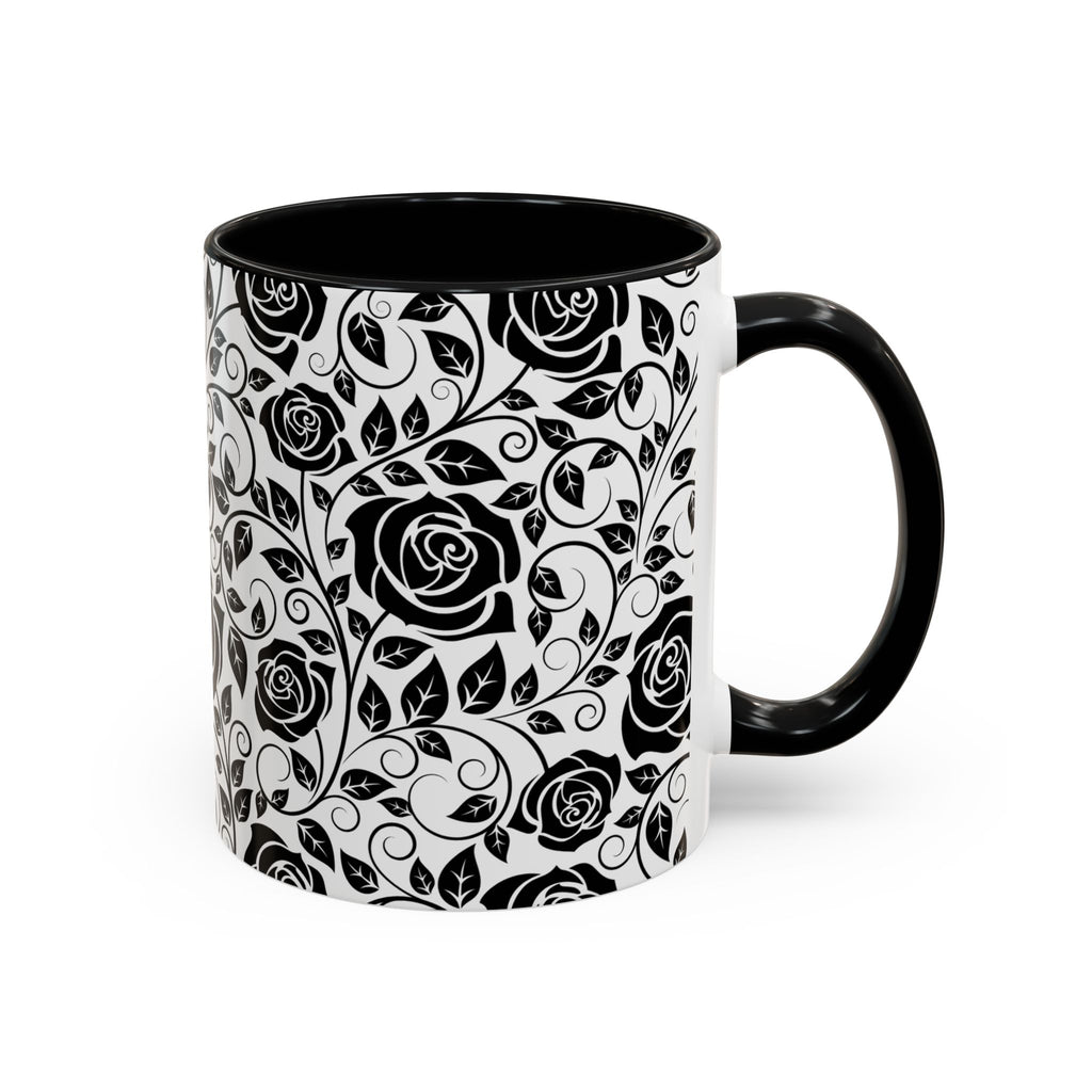 Black Rose Pattern Accent Coffee Mug — 11/15oz Ceramic Gift