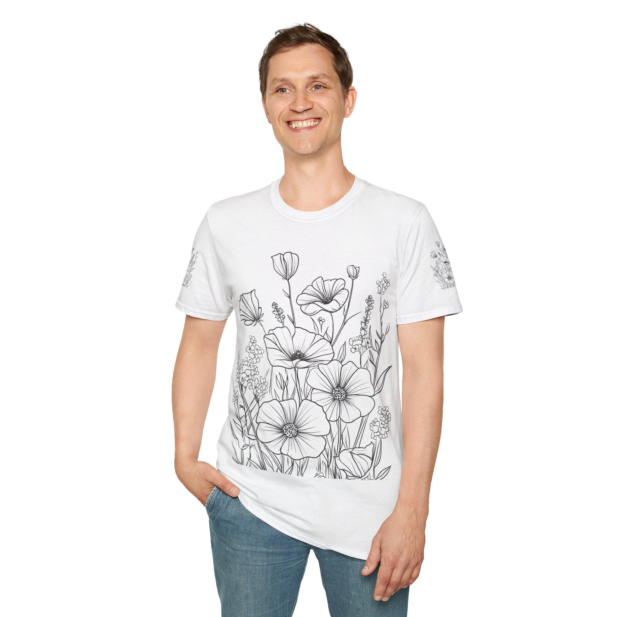 Floral Line Art T-Shirt — Botanical Poppy Sketch Tee