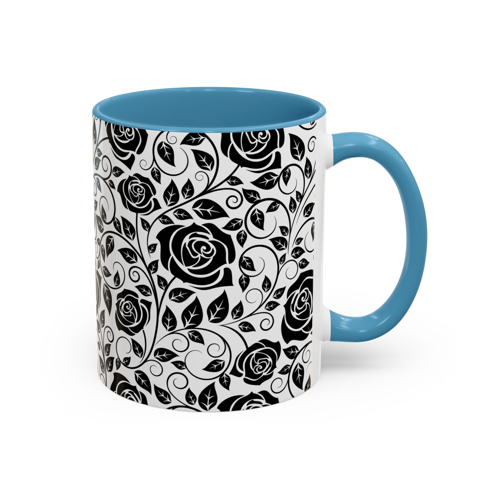 Black Rose Pattern Accent Coffee Mug — 11/15oz Ceramic Gift