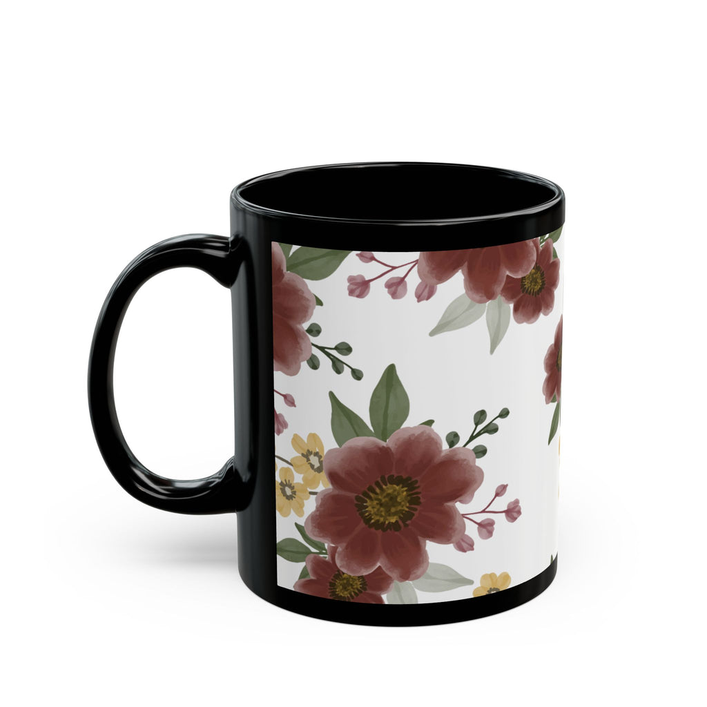Floral Pattern Black Mug – Pink & Yellow Garden Flowers (11oz/15oz)
