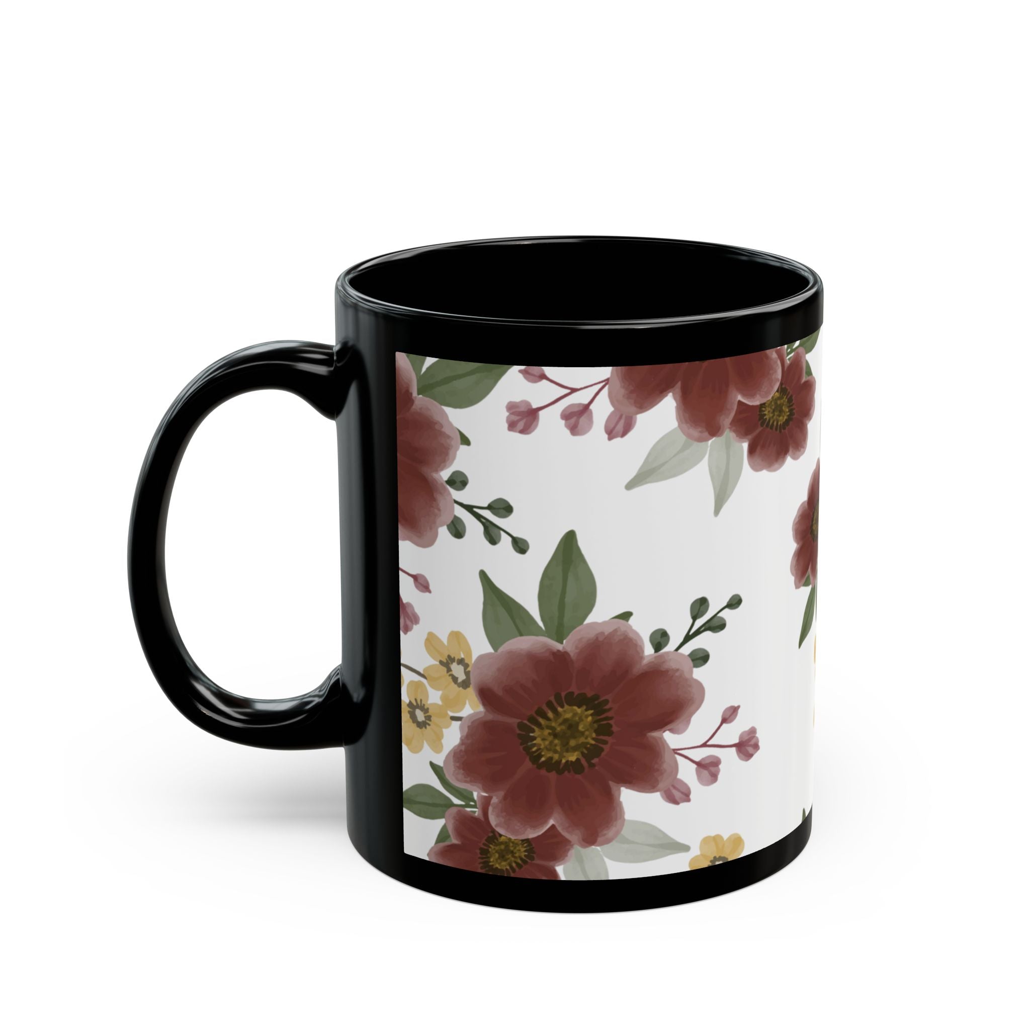 Floral Pattern Black Mug – Pink & Yellow Garden Flowers (11oz/15oz)
