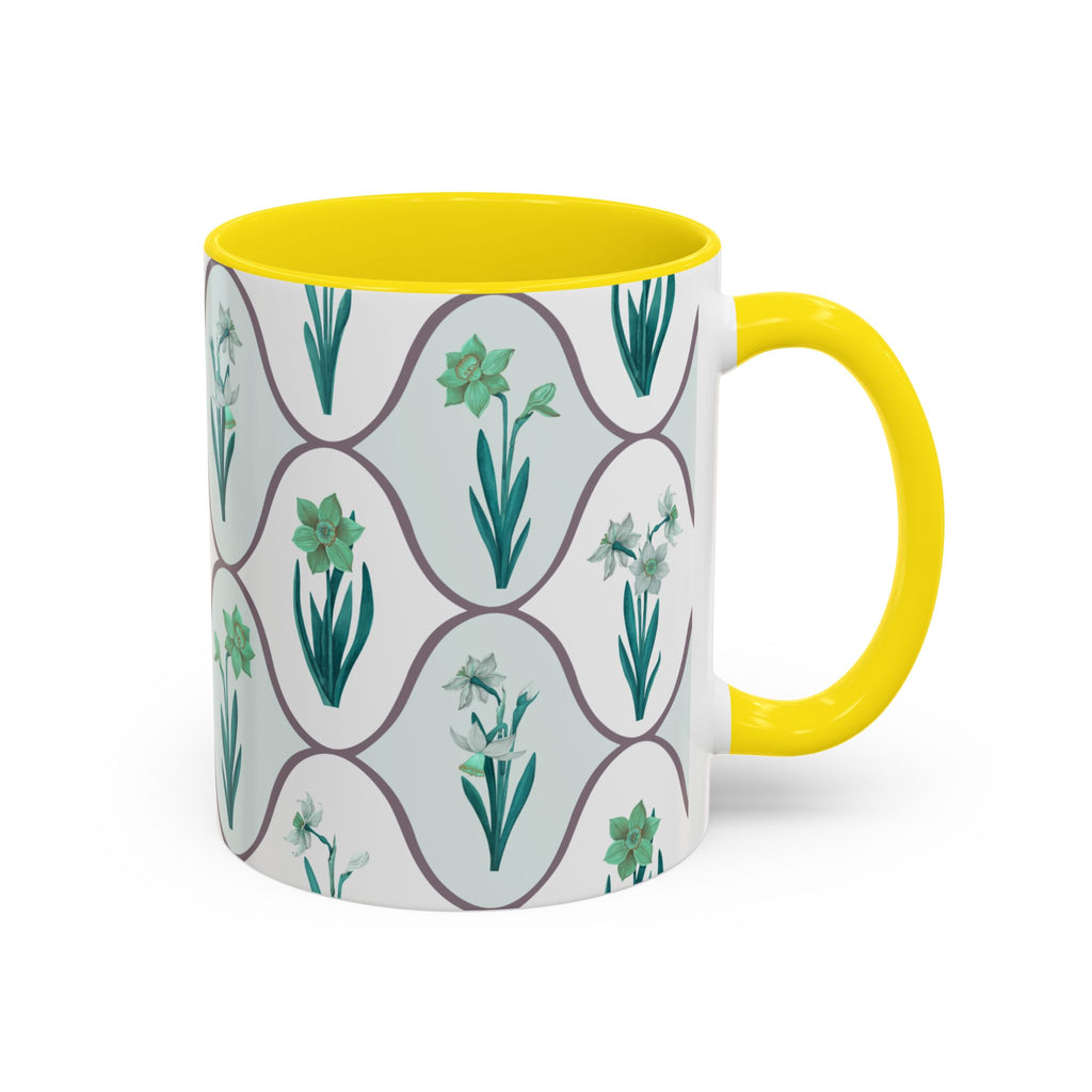 Floral Tile Accent Coffee Mug — Green Botanical Pattern (11/15 oz)