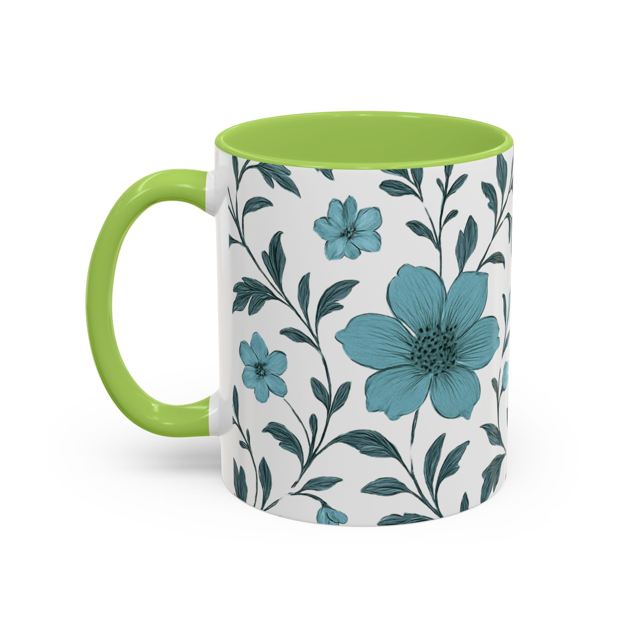Teal Floral Accent Coffee Mug (11/15oz) – Ceramic Tea & Coffee Cup