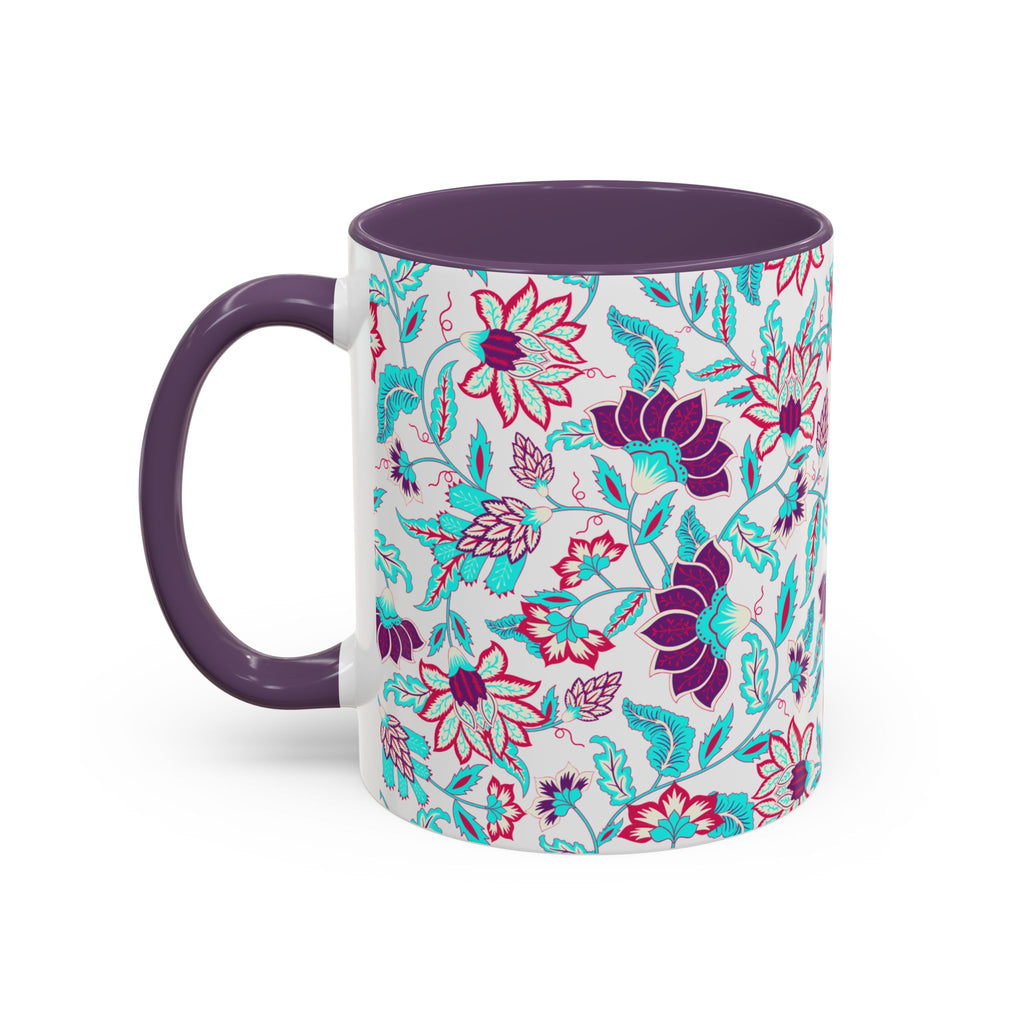 Floral Accent Coffee Mug – Teal & Magenta Patterned Ceramic Mug (11/15oz)