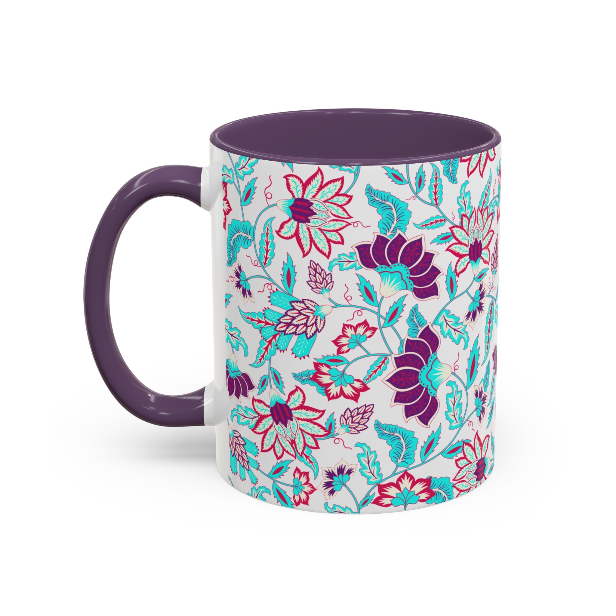 Floral Accent Coffee Mug – Teal & Magenta Patterned Ceramic Mug (11/15oz)