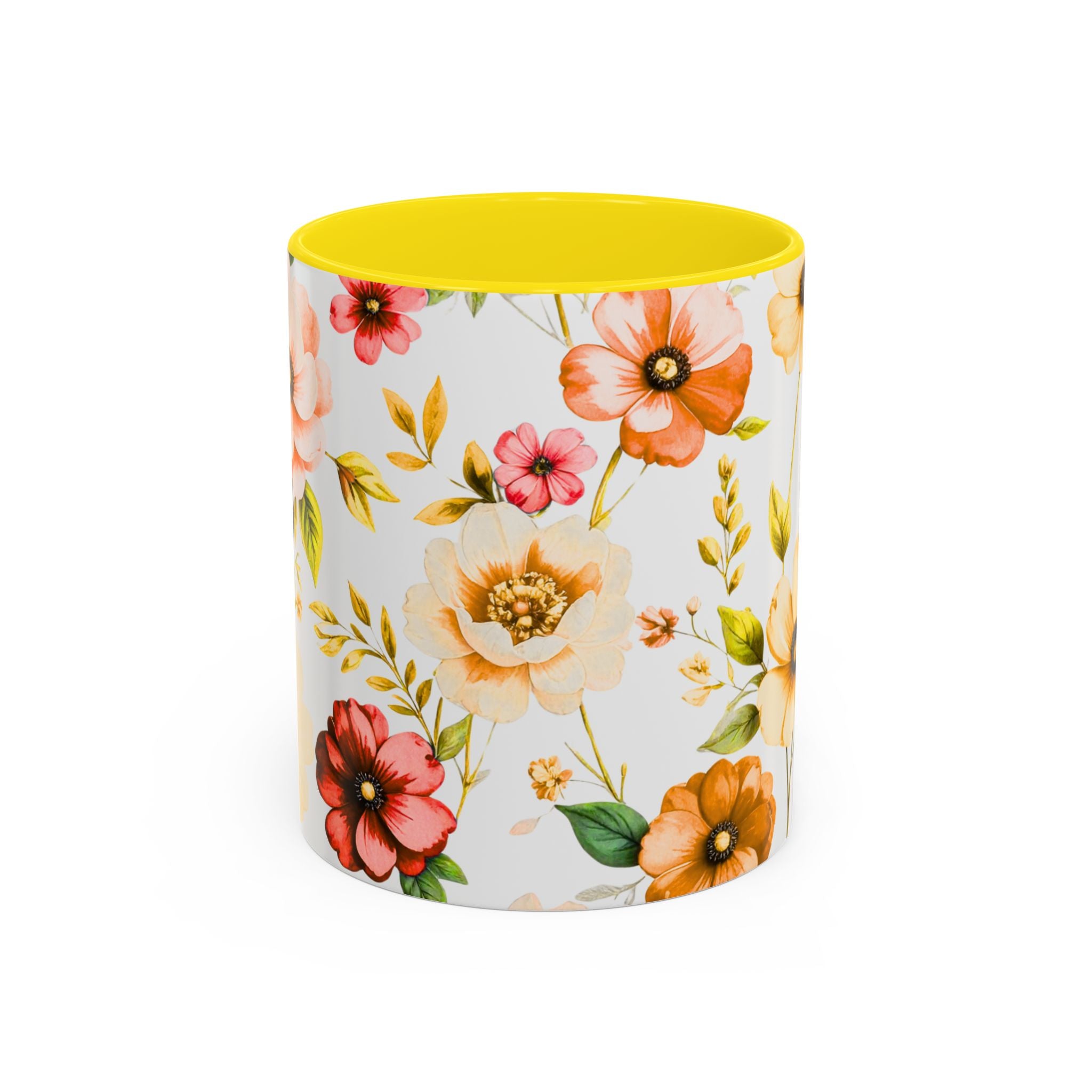 Floral Accent Coffee Mug — Vintage Watercolor Orange & Peach Flower Design