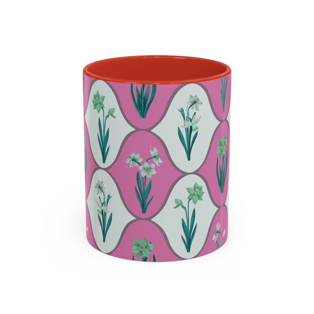 Floral Wave Accent Coffee Mug – Pink Retro Daffodil Pattern (11/15oz)