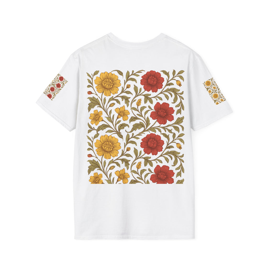 Floral Vintage Garden T-Shirt — Red & Mustard Blooms