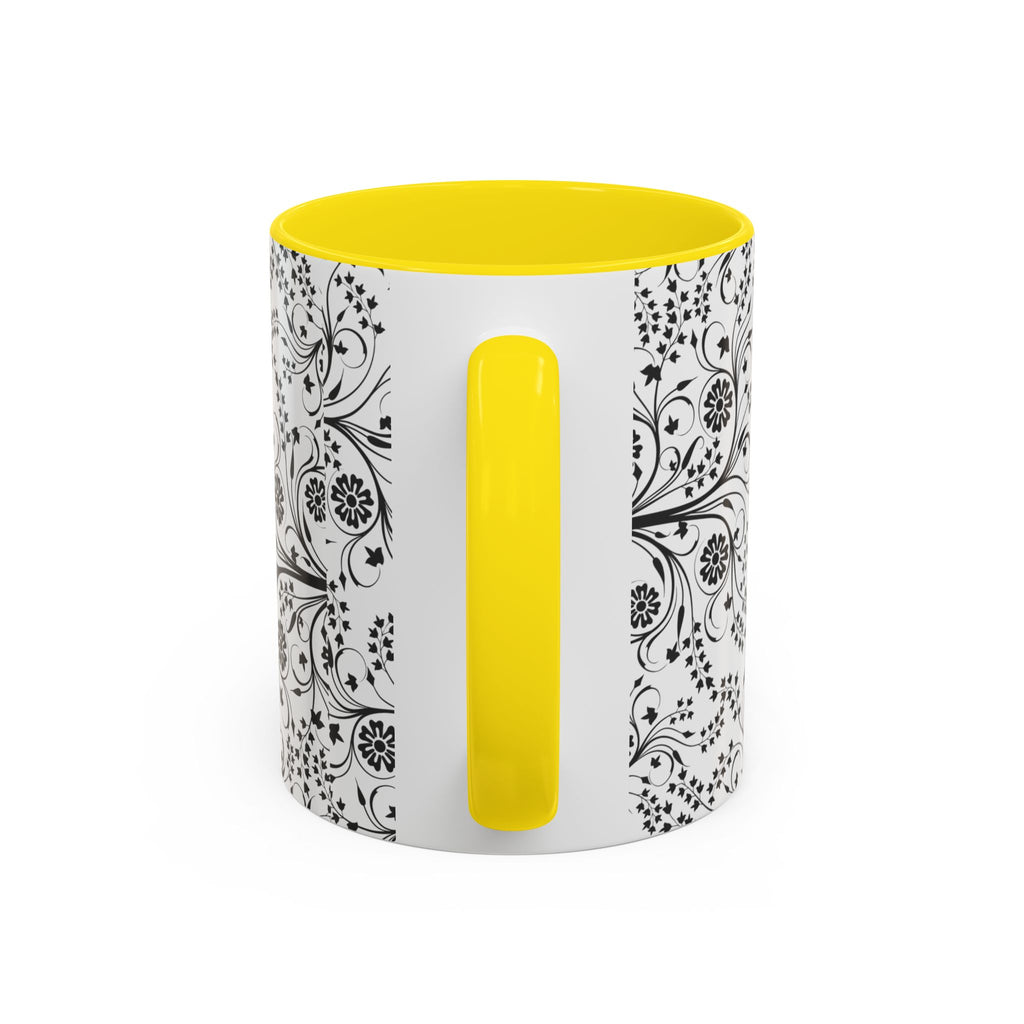 Black Floral Accent Coffee Mug — Elegant Swirl Pattern (11/15oz)
