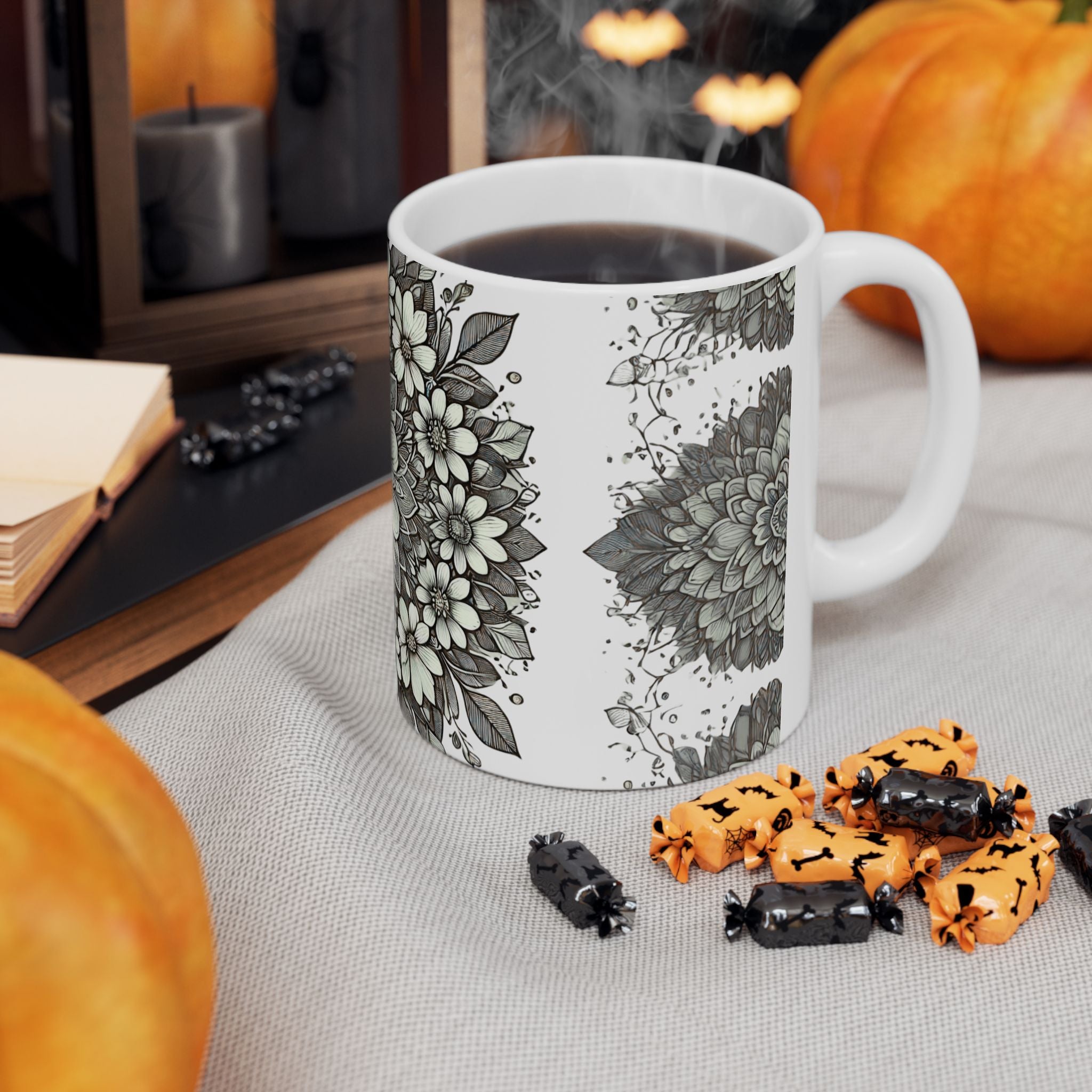 Floral Mandala Ceramic Mug — Green Succulent Pattern (11oz & 15oz)