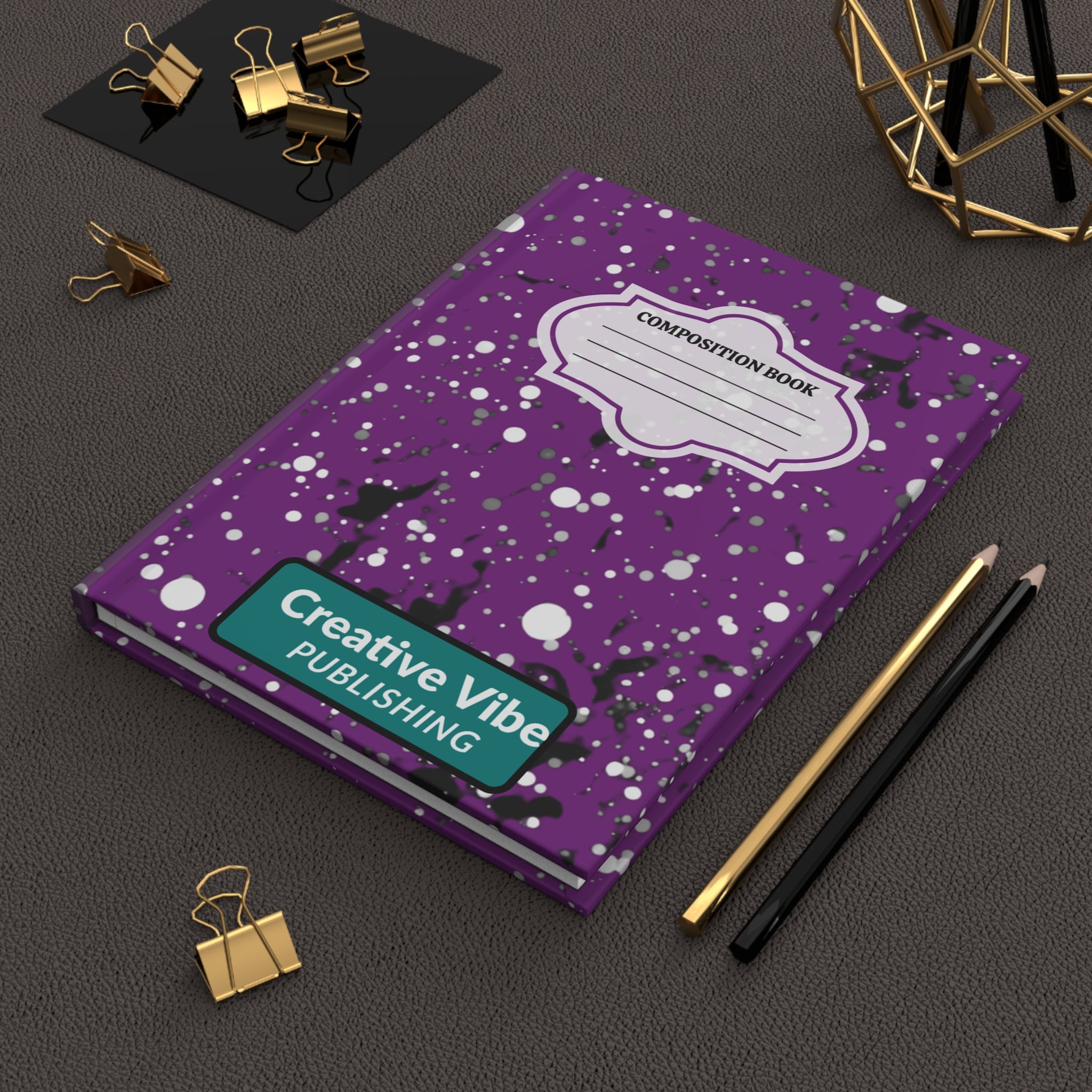 Purple Splatter Composition Hardcover Journal — 'Composition Book' Label, Creative Vibe Publishing