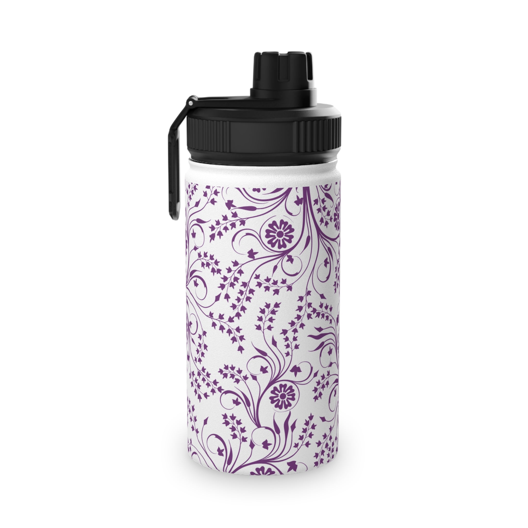 Purple Floral Swirl Stainless Steel Water Bottle with Sports Lid